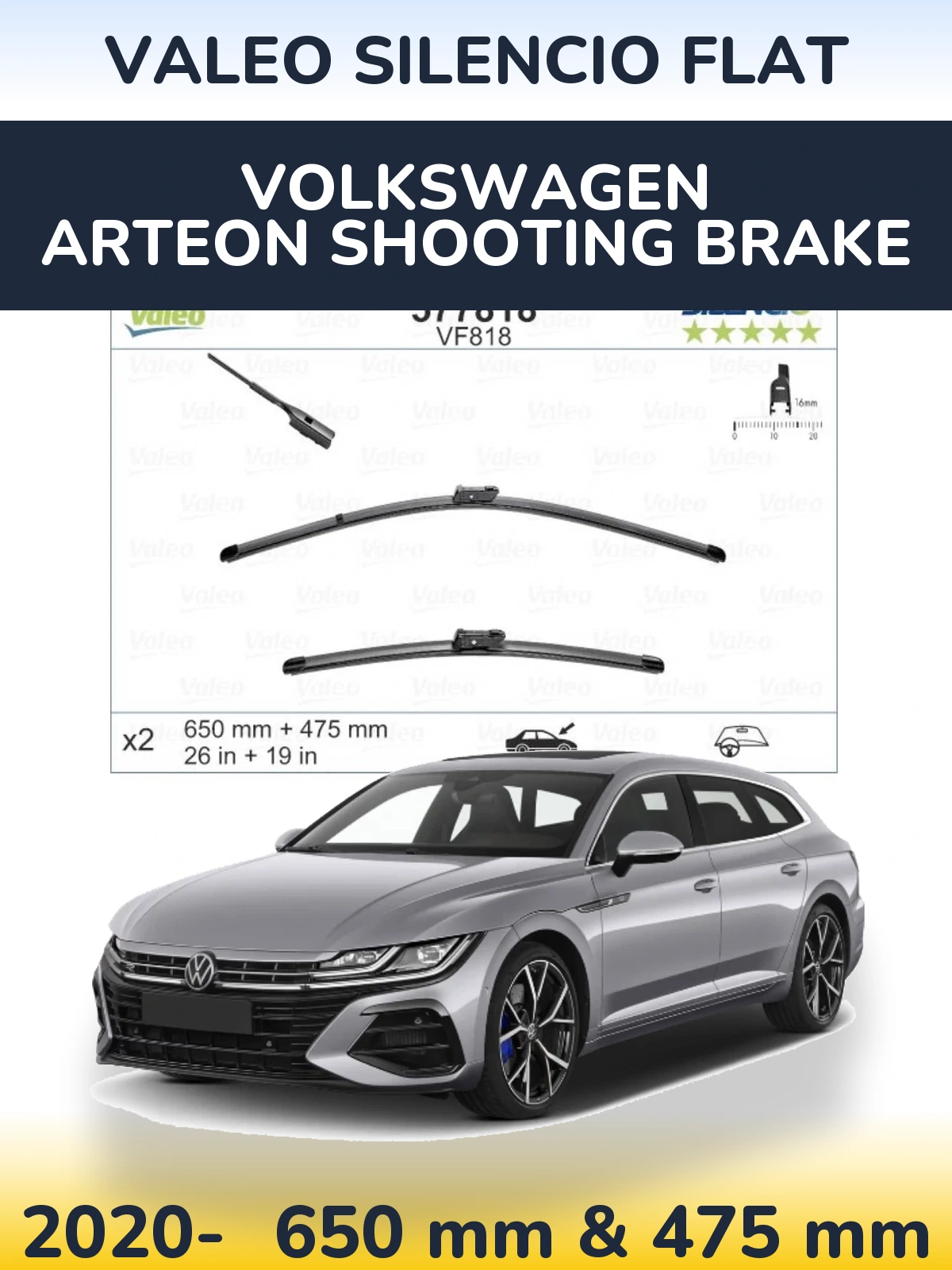 Sada předních stěračů Valeo Silencio Flat 650 a 475 mm pro Volkswagen Arteon Shooting Brake 2020-2026
