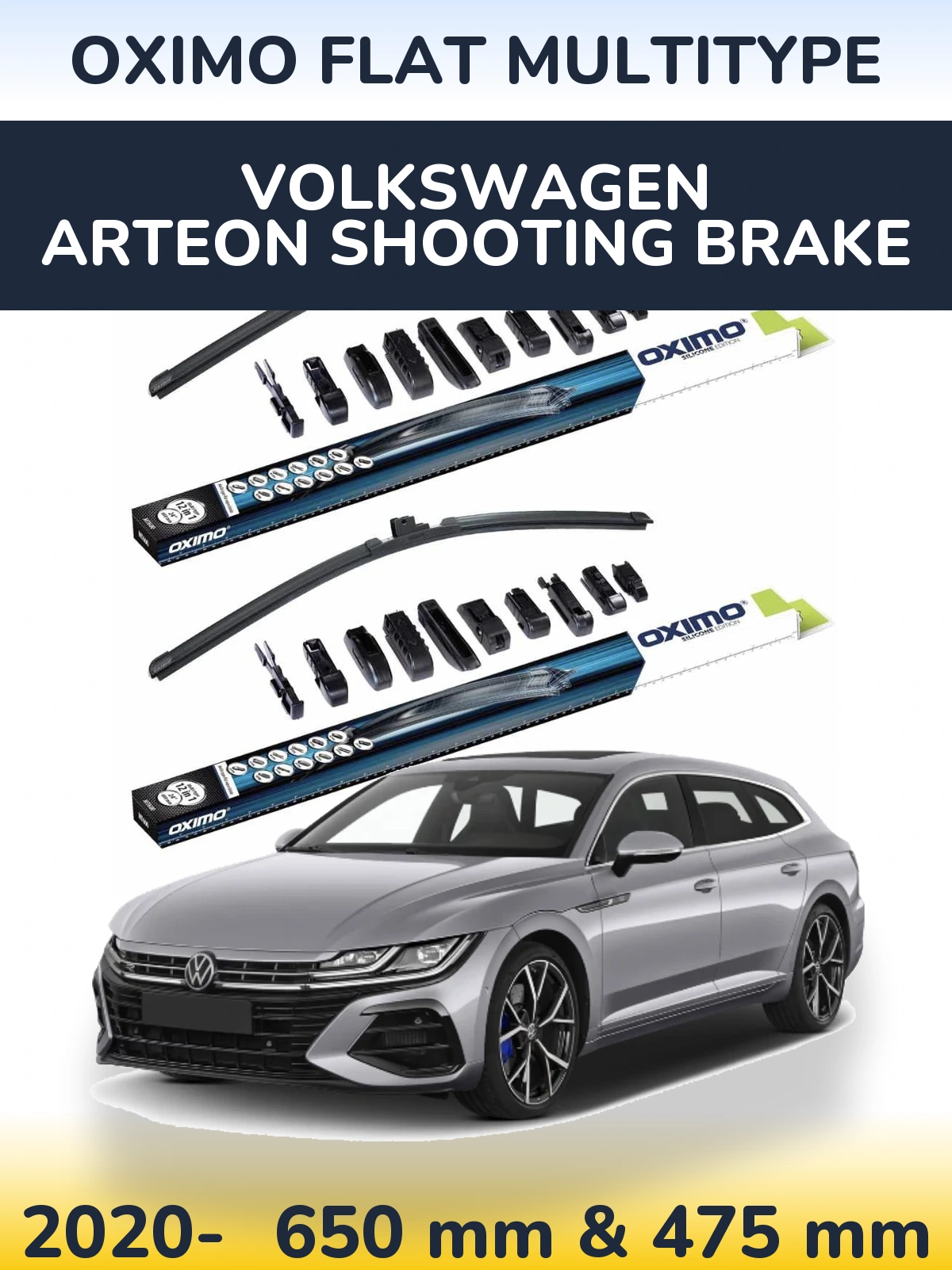 Sada předních stěračů Oximo Flat MultiType 650 a 475 mm pro Volkswagen Arteon Shooting Brake 2020-2026
