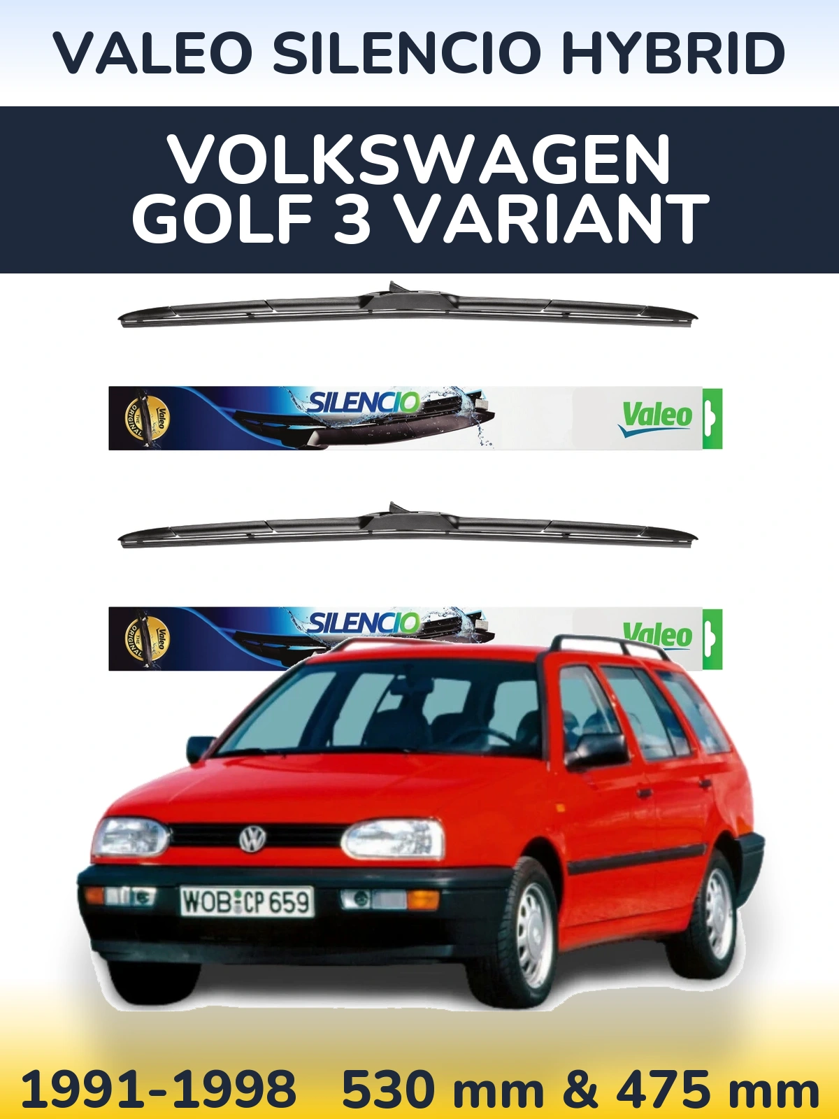 Sada předních stěračů Valeo Silencio Hybrid 530 a 475 mm pro Volkswagen Golf 3 Variant 1991-1998
