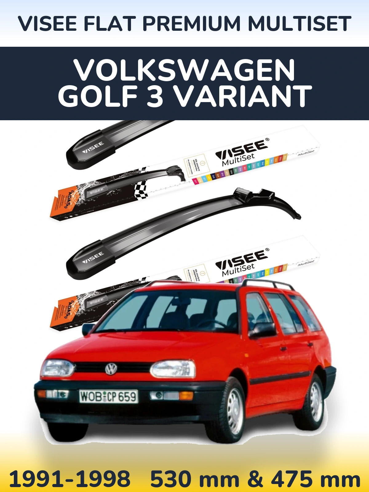 Sada předních stěračů VISEE FLAT PREMIUM MultiSet 530 a 475 mm pro Volkswagen Golf 3 Variant 1991-1998