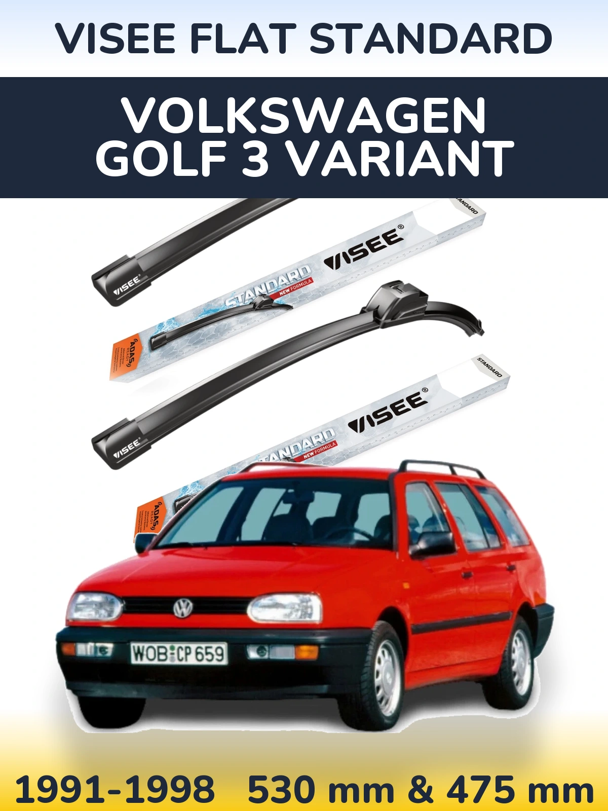 Sada předních stěračů VISEE FLAT STANDARD 530 a 475 mm pro Volkswagen Golf 3 Variant 1991-1998