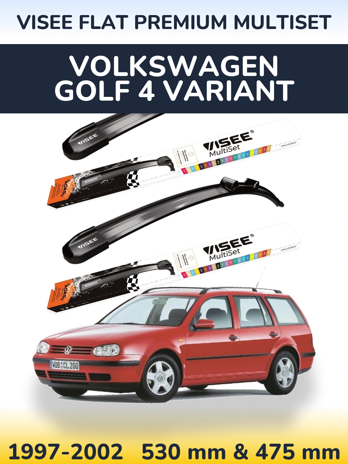 Sada předních stěračů VISEE FLAT PREMIUM MultiSet 530 a 475 mm pro Volkswagen Golf 4 Variant 1997-2002