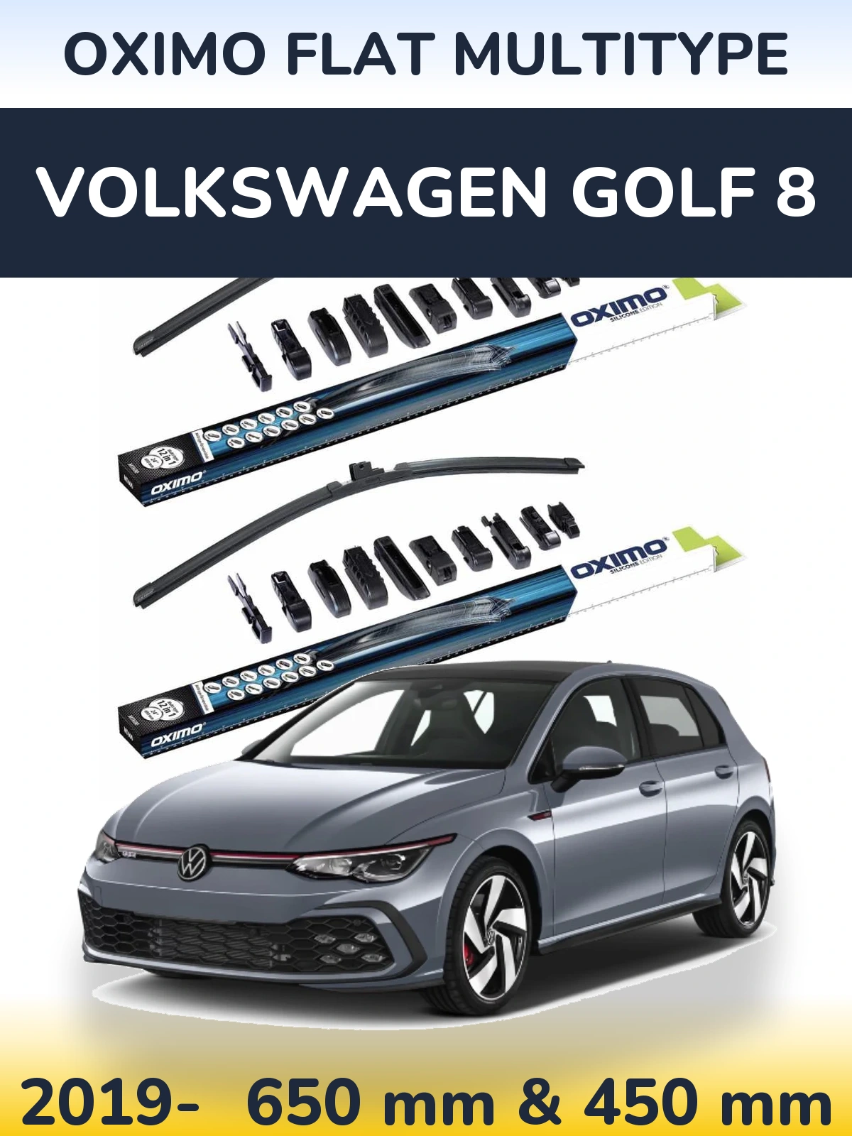 Комплект передніх щіток Oximo Flat MultiТипe 650 & 450 мм для Volkswagen Golf 8 2019-2026