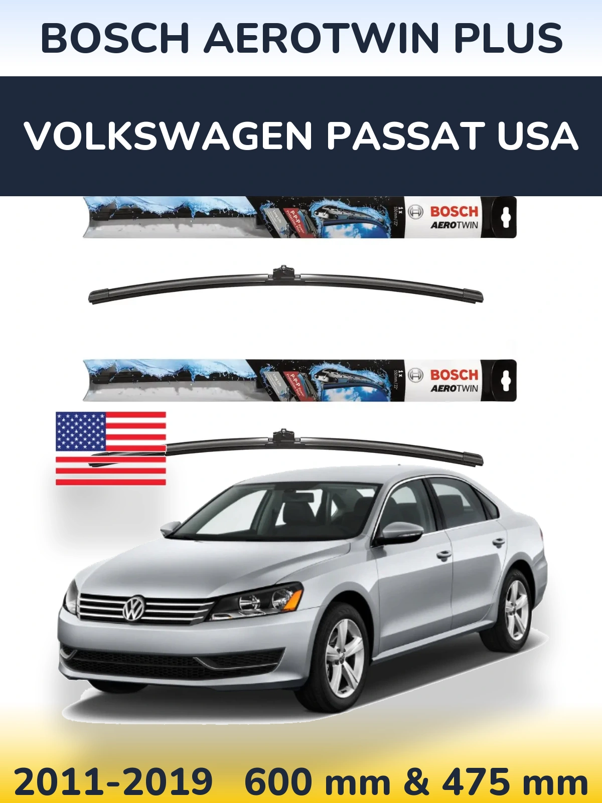 Комплект передніх щіток BOSCH AeroTwin Plus 600 & 475 мм для Volkswagen Passat USA 2011-2019