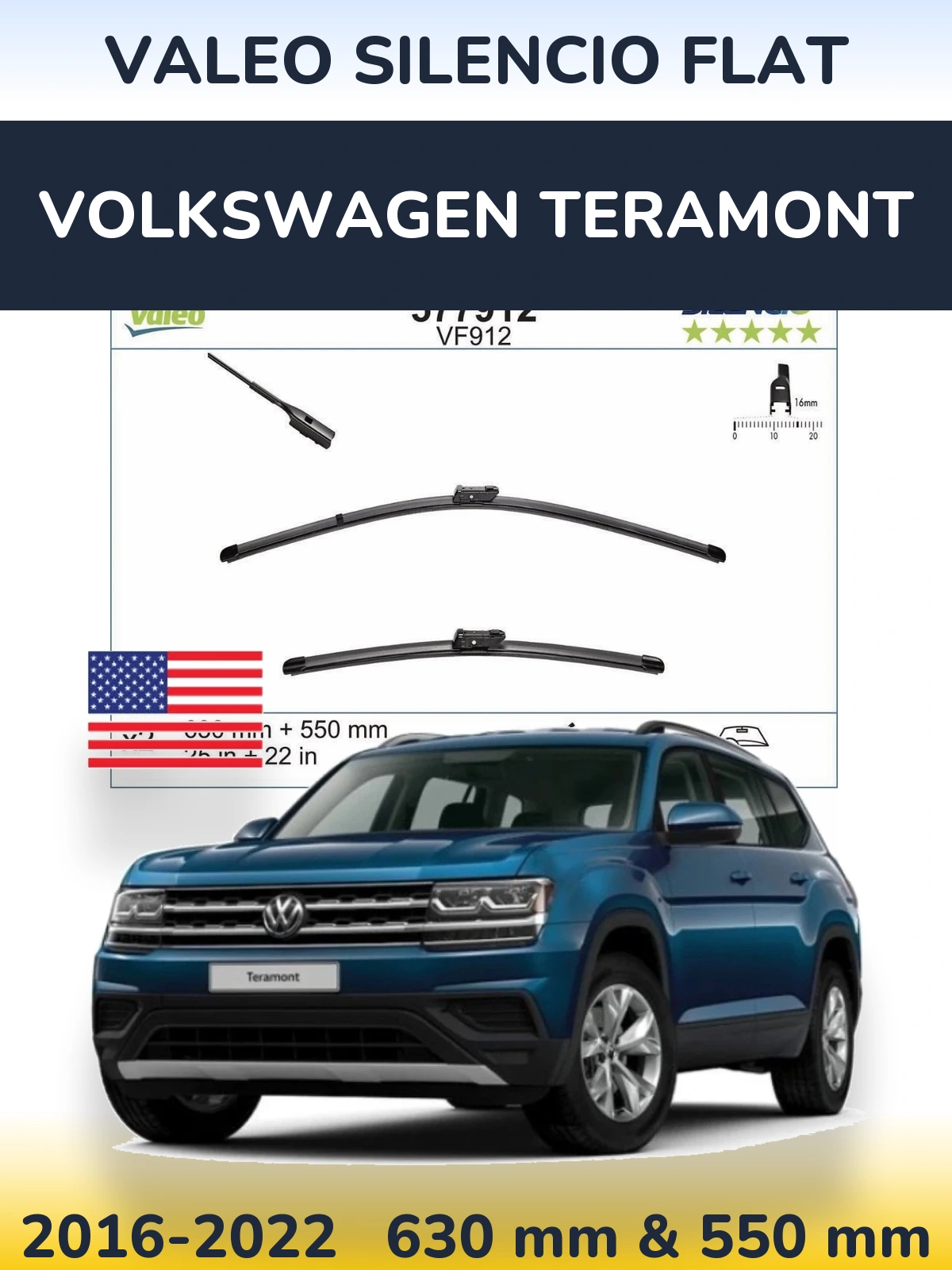 Sada předních stěračů Valeo Silencio Flat 630 a 550 mm pro Volkswagen Teramont 2016-2022
