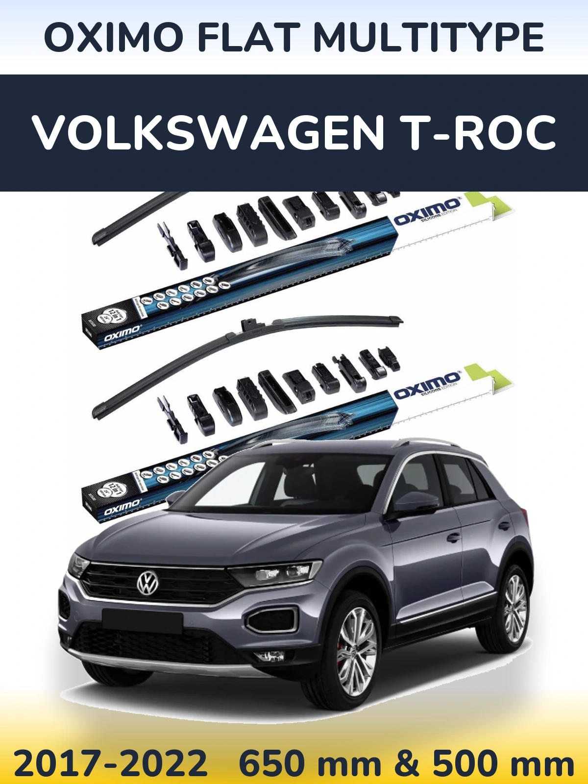 Sada předních stěračů Oximo Flat MultiType 650 a 500 mm pro Volkswagen T-Roc 2017-2022
