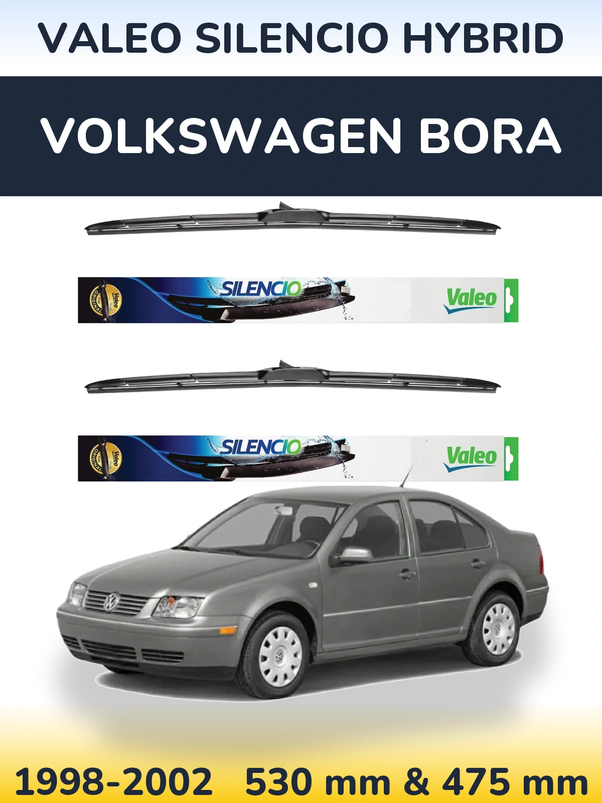 Sada předních stěračů Valeo Silencio Hybrid 530 a 475 mm pro Volkswagen Bora 1998-2002