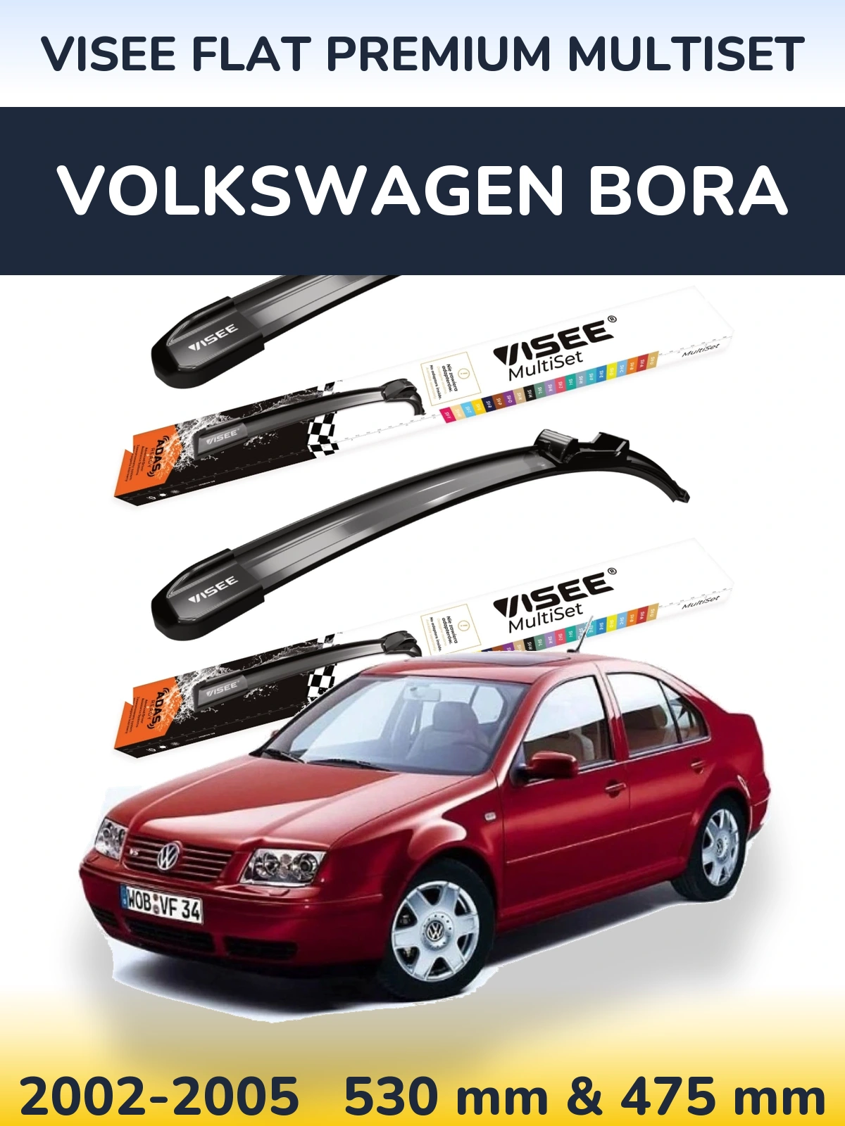 Sada předních stěračů VISEE FLAT PREMIUM MultiSet 530 a 475 mm pro Volkswagen Bora 2002-2005