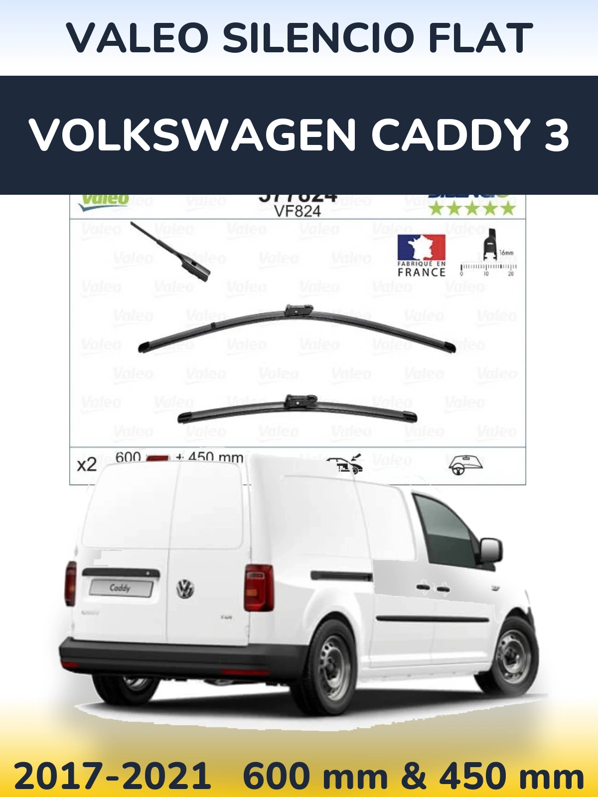 Sada předních stěračů Valeo Silencio Flat 600 a 450 mm pro Volkswagen Caddy 3 2017-2021