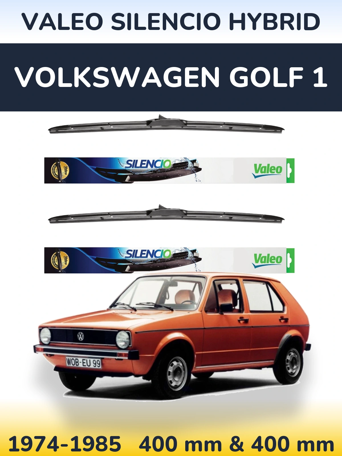 Sada předních stěračů Valeo Silencio Hybrid 400 a 400 mm pro Volkswagen Golf 1 1974-1985