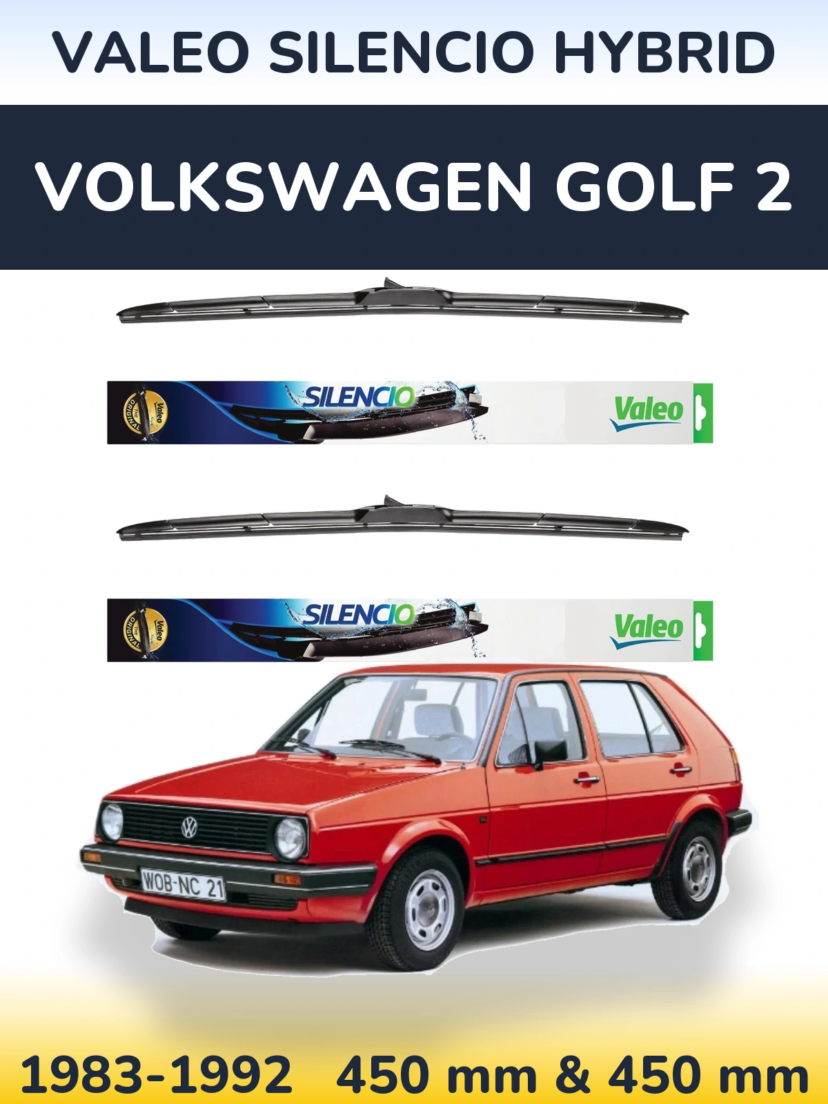 Sada předních stěračů Valeo Silencio Hybrid 450 a 450 mm pro Volkswagen Golf 2 1983-1992