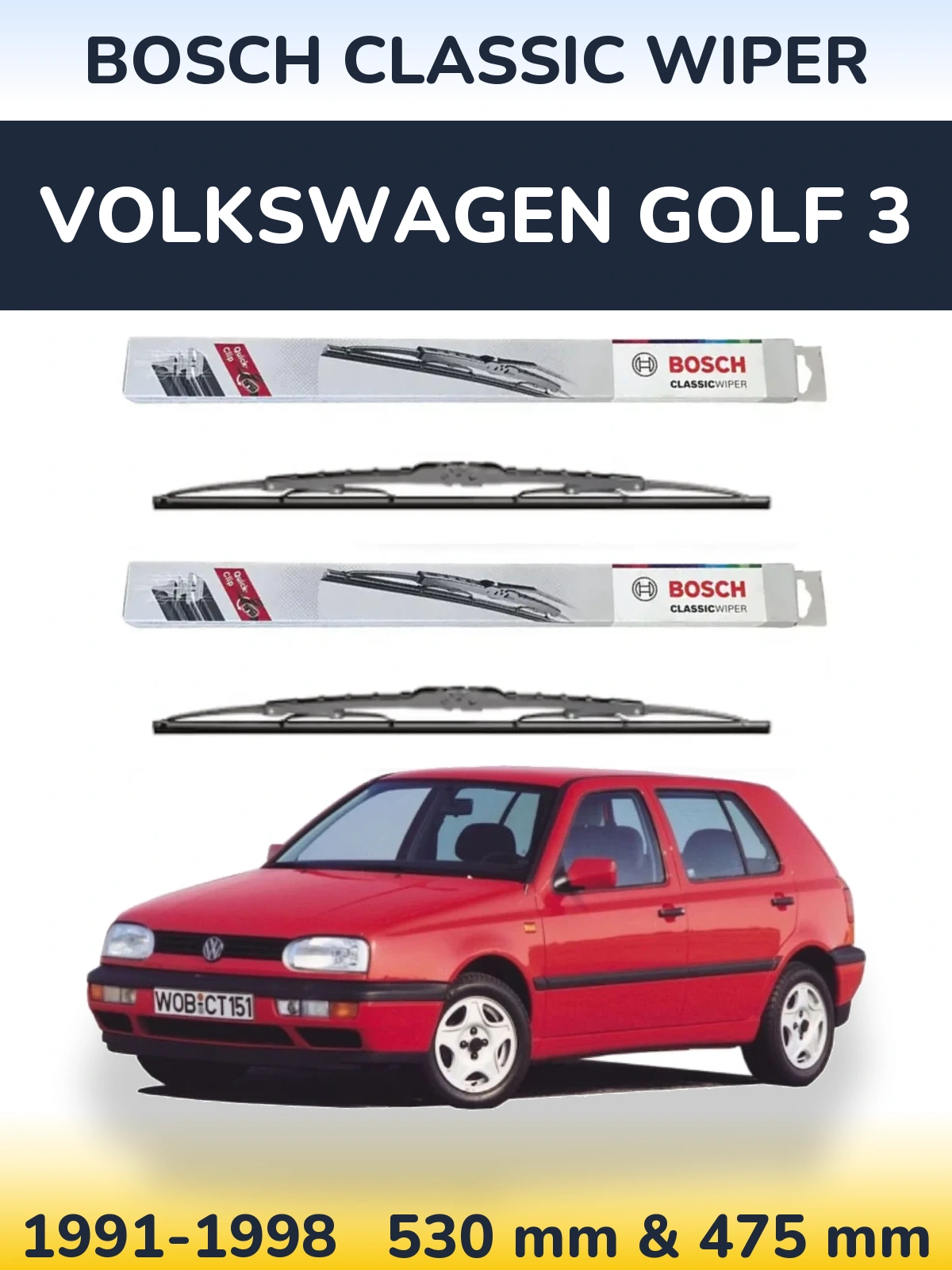 Sada předních stěračů BOSCH Classic Wiper 530 a 475 mm pro Volkswagen Golf 3 1991-1998