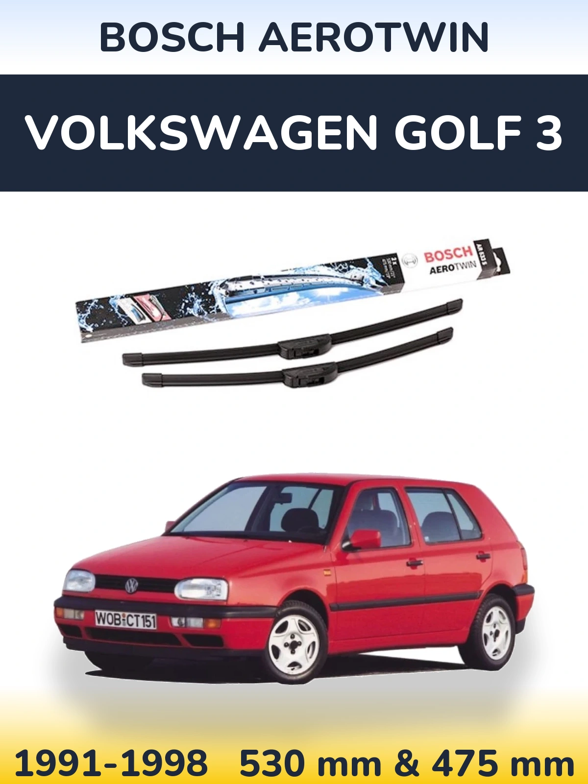 Sada předních stěračů BOSCH AeroTwin 530 a 475 mm pro Volkswagen Golf 3 1991-1998