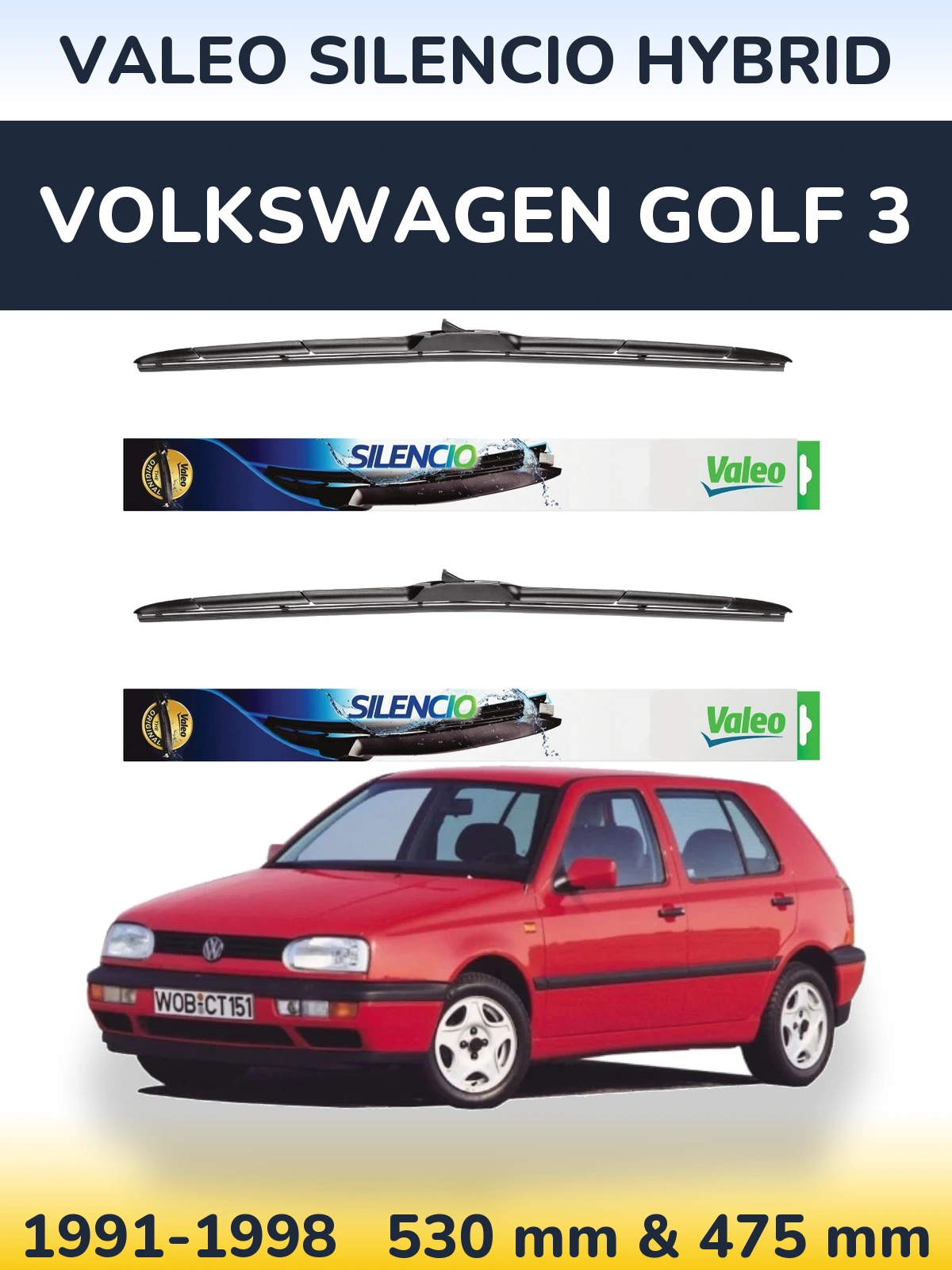 Sada předních stěračů Valeo Silencio Hybrid 530 a 475 mm pro Volkswagen Golf 3 1991-1998