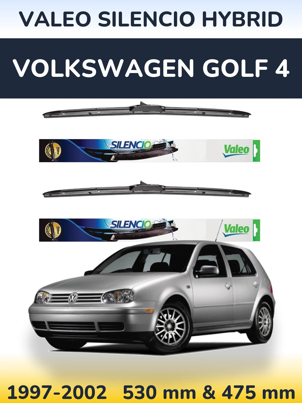 Sada předních stěračů Valeo Silencio Hybrid 530 a 475 mm pro Volkswagen Golf 4 1997-2002
