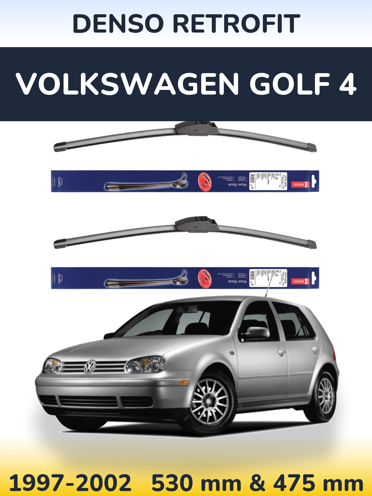 Sada předních stěračů Denso Retrofit 530 a 475 mm pro Volkswagen Golf 4 1997-2002