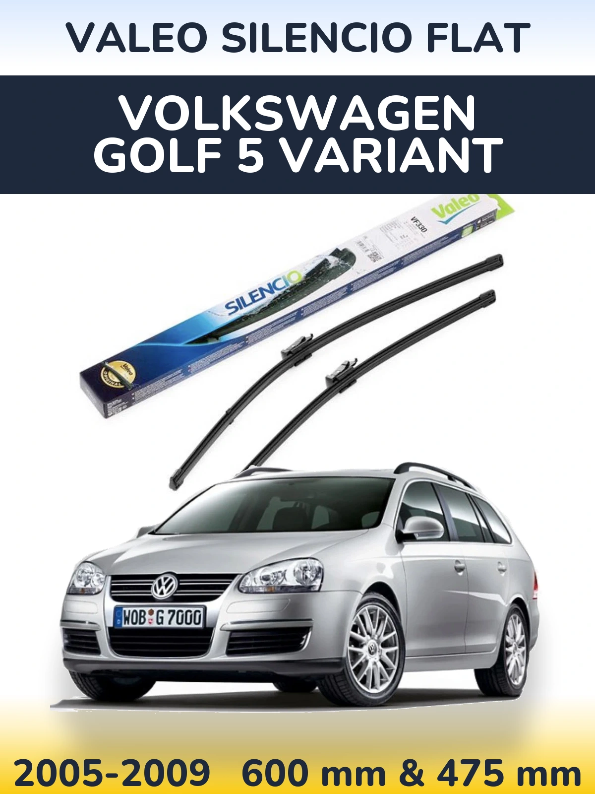 Sada předních stěračů Valeo Silencio Flat 600 a 475 mm pro Volkswagen Golf 5 Variant 2005-2009