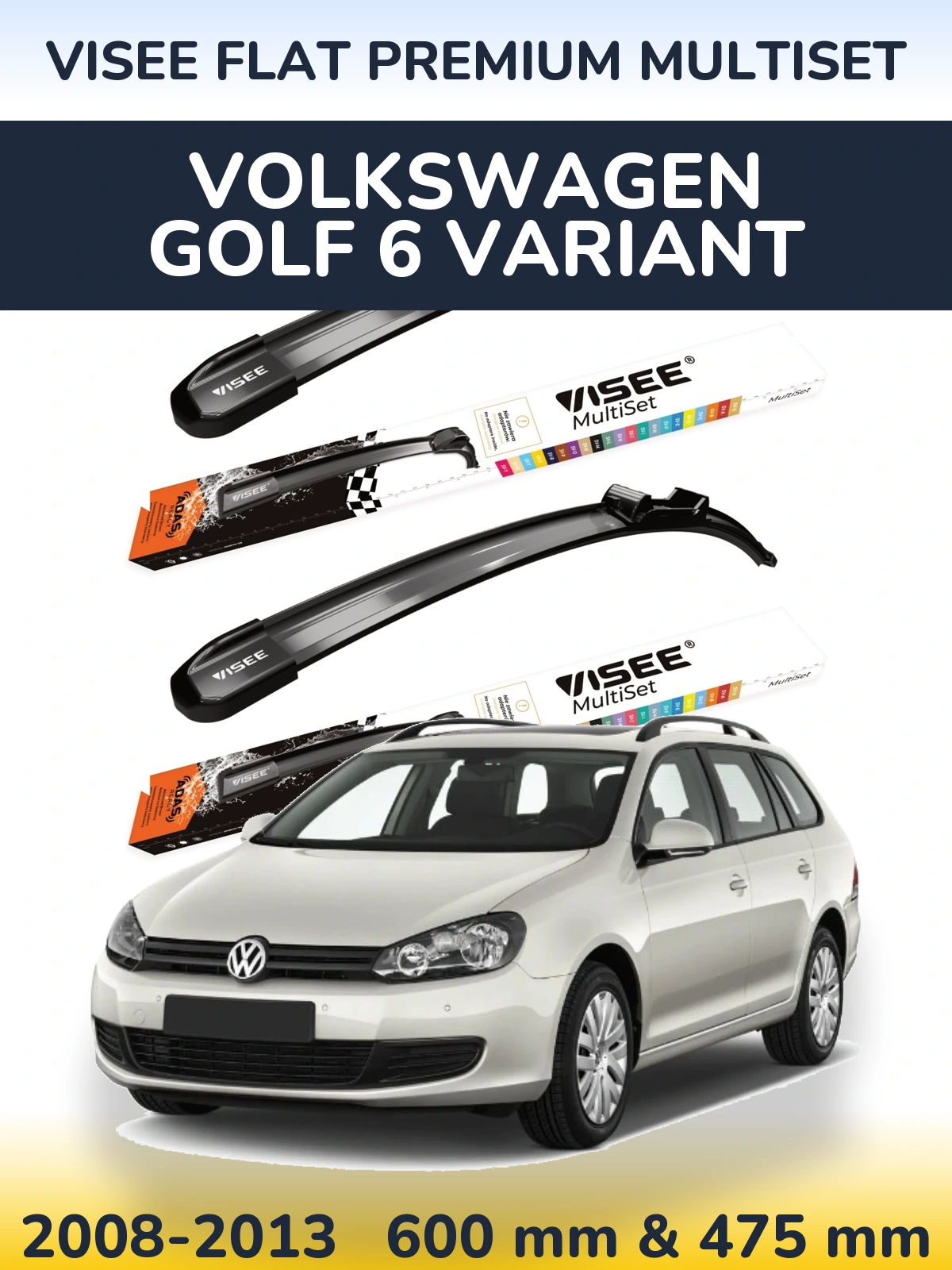 Sada předních stěračů VISEE FLAT PREMIUM MultiSet 600 a 475 mm pro Volkswagen Golf 6 Variant 2008-2013