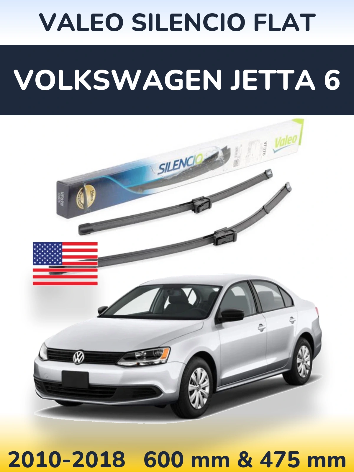 Sada předních stěračů Valeo Silencio Flat 600 a 475 mm pro Volkswagen Jetta 6 2010-2018