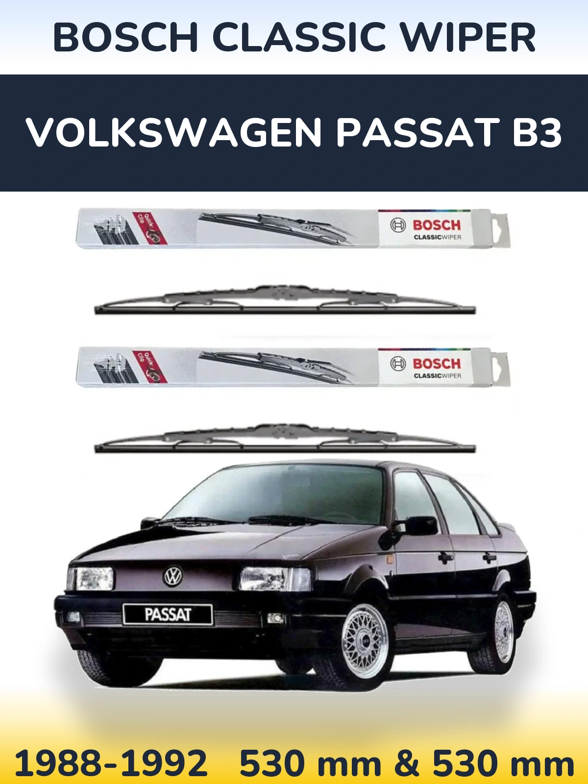 Sada předních stěračů BOSCH Classic Wiper 530 a 530 mm pro Volkswagen Passat B3 1988-1992