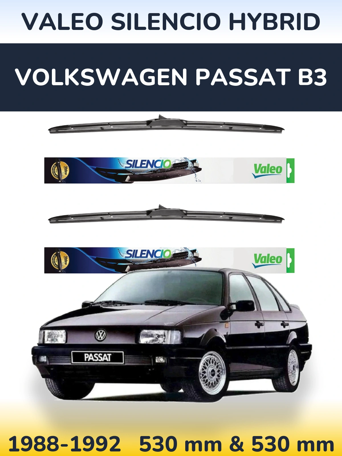 Sada předních stěračů Valeo Silencio Hybrid 530 a 530 mm pro Volkswagen Passat B3 1988-1992