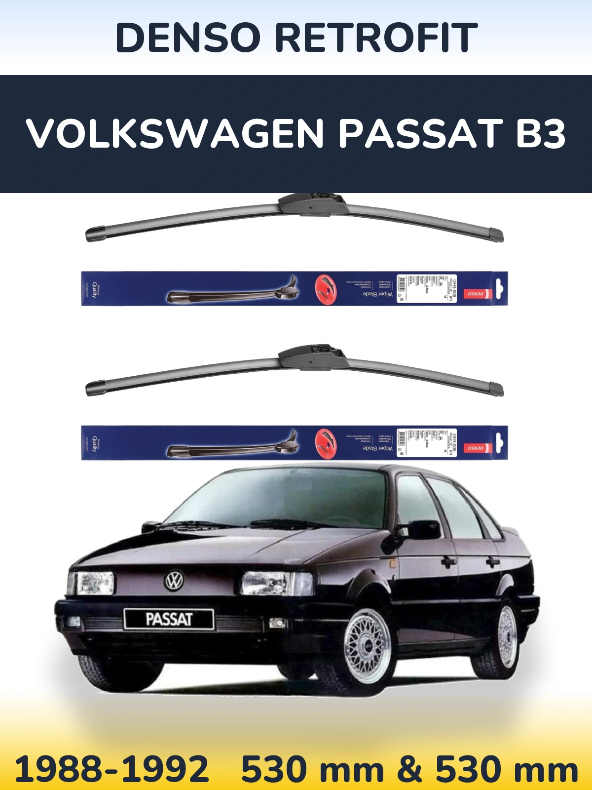 Sada předních stěračů Denso Retrofit 530 a 530 mm pro Volkswagen Passat B3 1988-1992