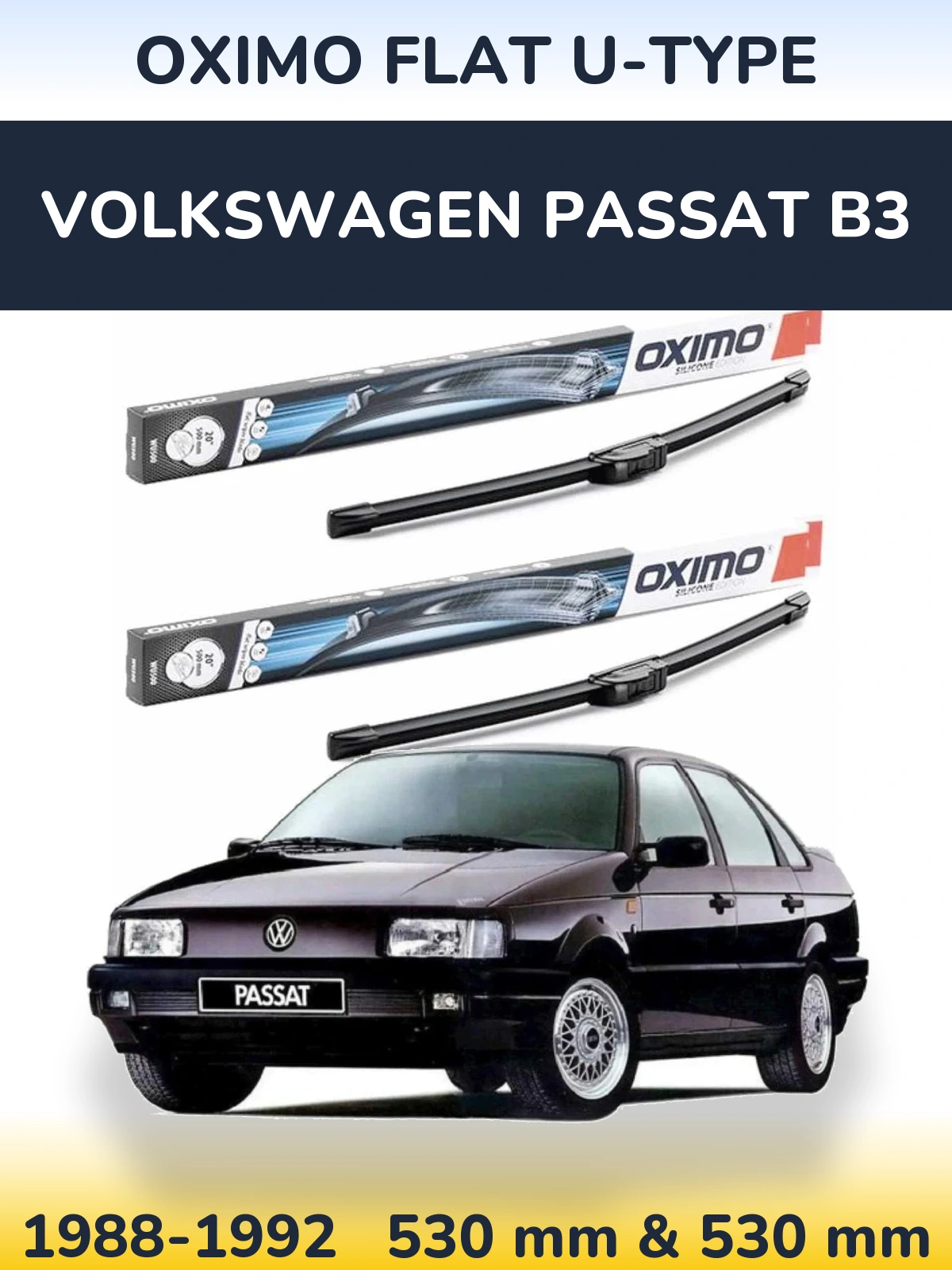 Sada předních stěračů Oximo Flat U-type 530 a 530 mm pro Volkswagen Passat B3 1988-1992