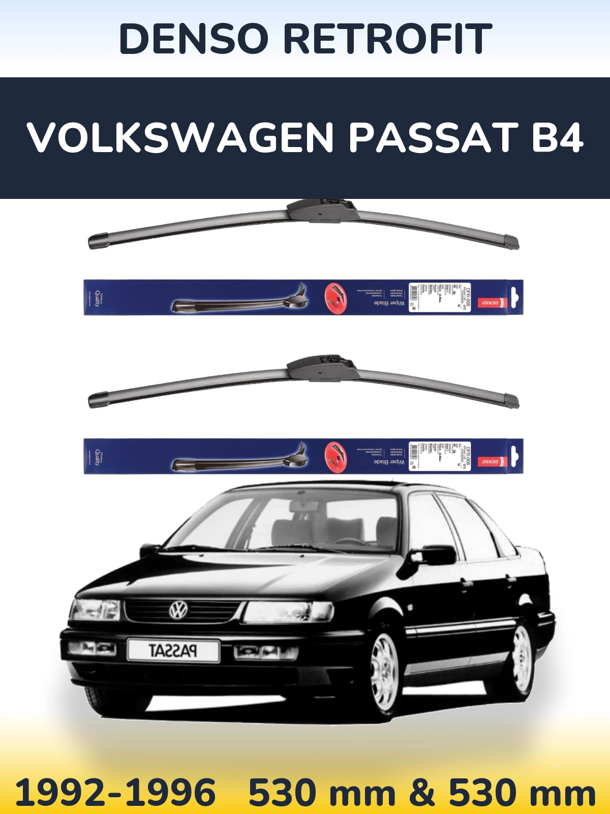 Sada předních stěračů Denso Retrofit 530 a 530 mm pro Volkswagen Passat B4 1992-1996