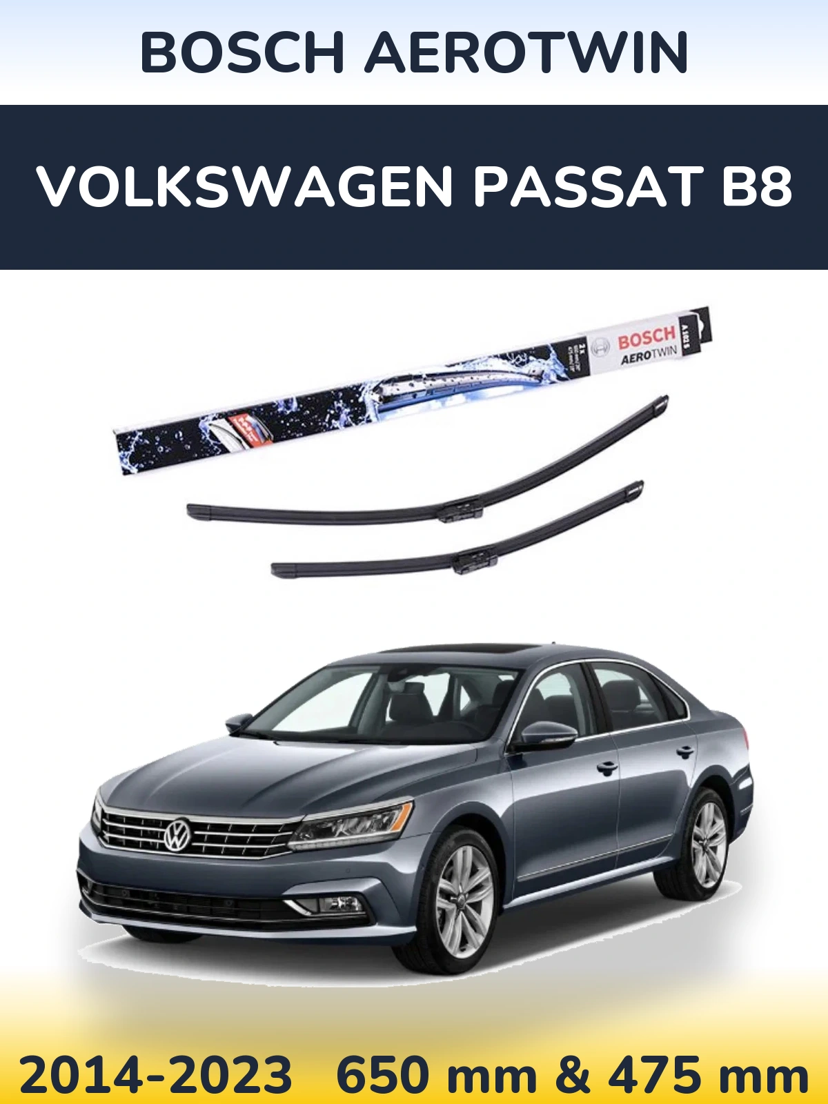 Sada předních stěračů BOSCH AeroTwin 650 a 475 mm pro Volkswagen Passat B8 2014-2023