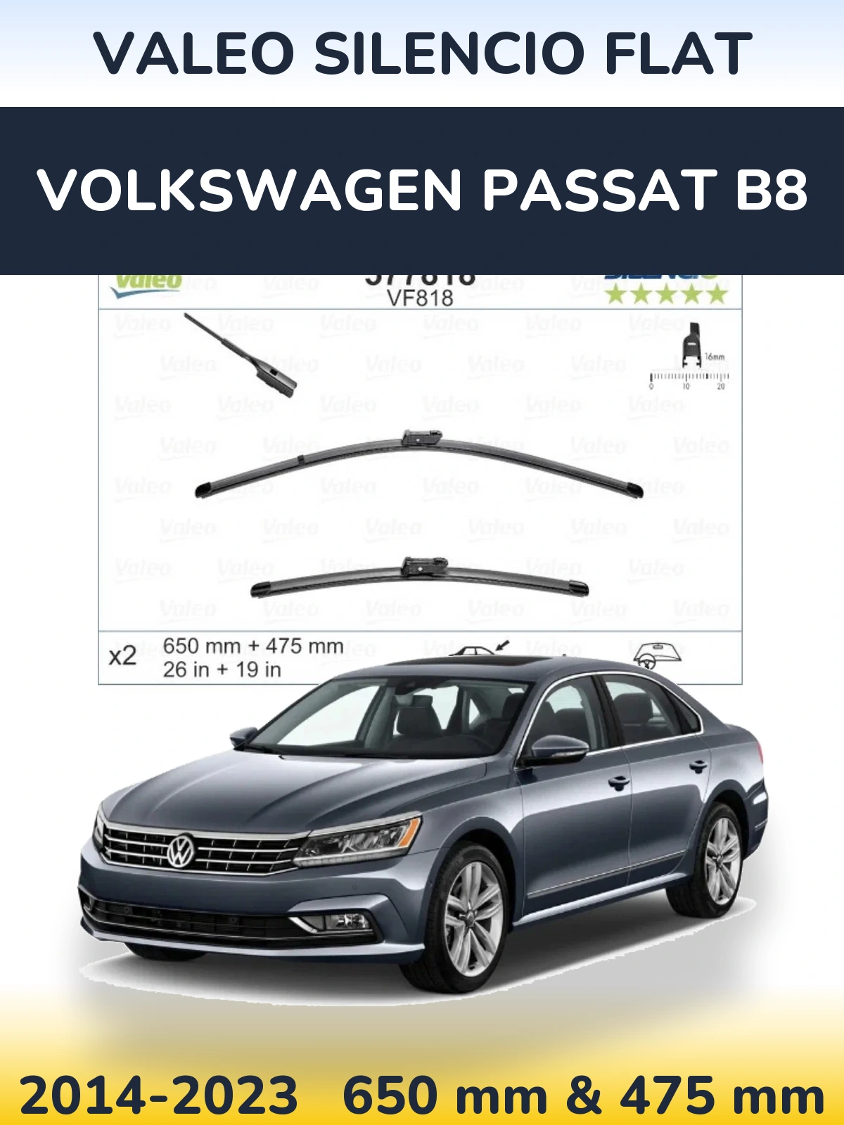 Sada předních stěračů Valeo Silencio Flat 650 a 475 mm pro Volkswagen Passat B8 2014-2023