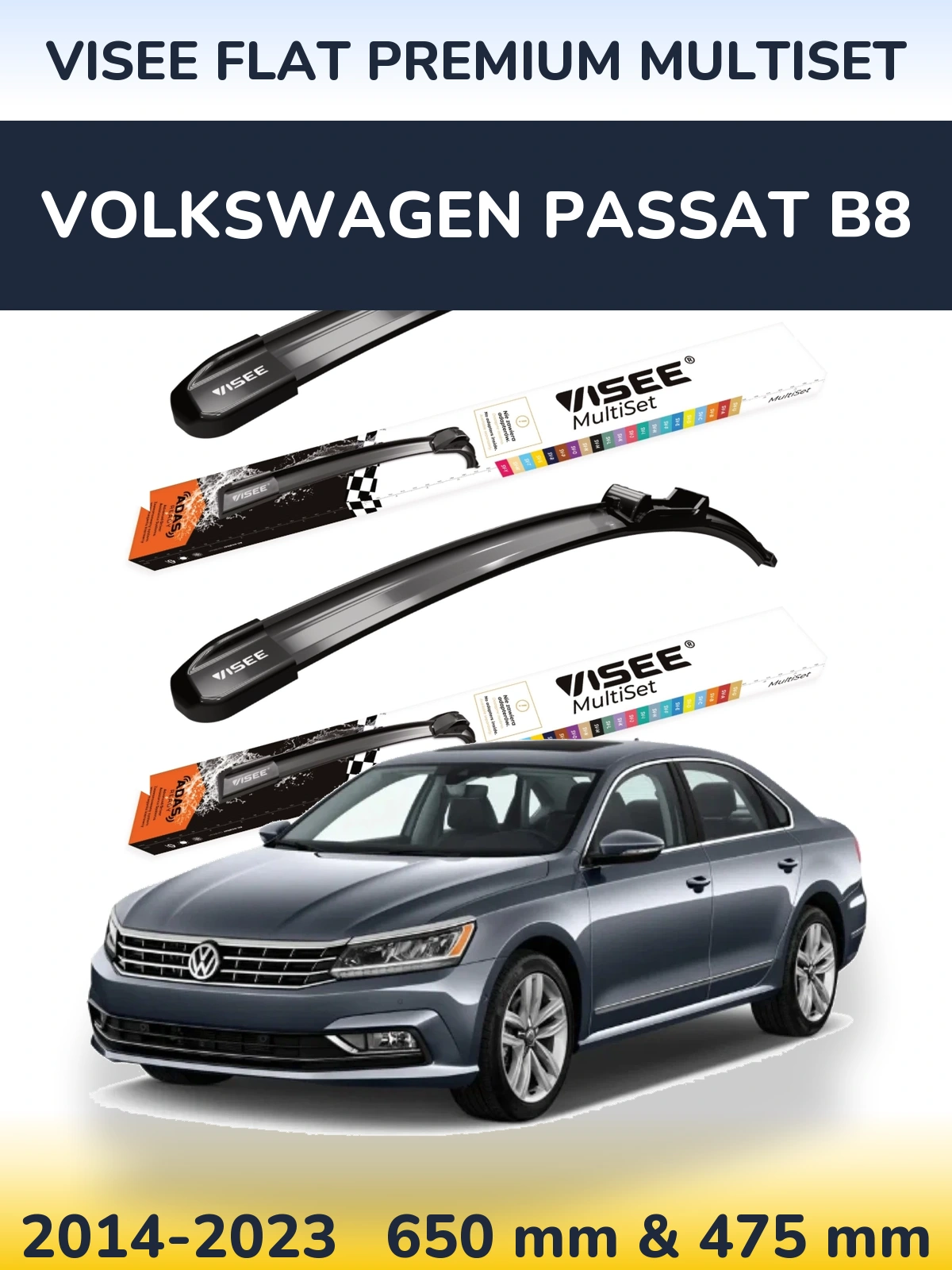 Sada předních stěračů VISEE FLAT PREMIUM MultiSet 650 a 475 mm pro Volkswagen Passat B8 2014-2023
