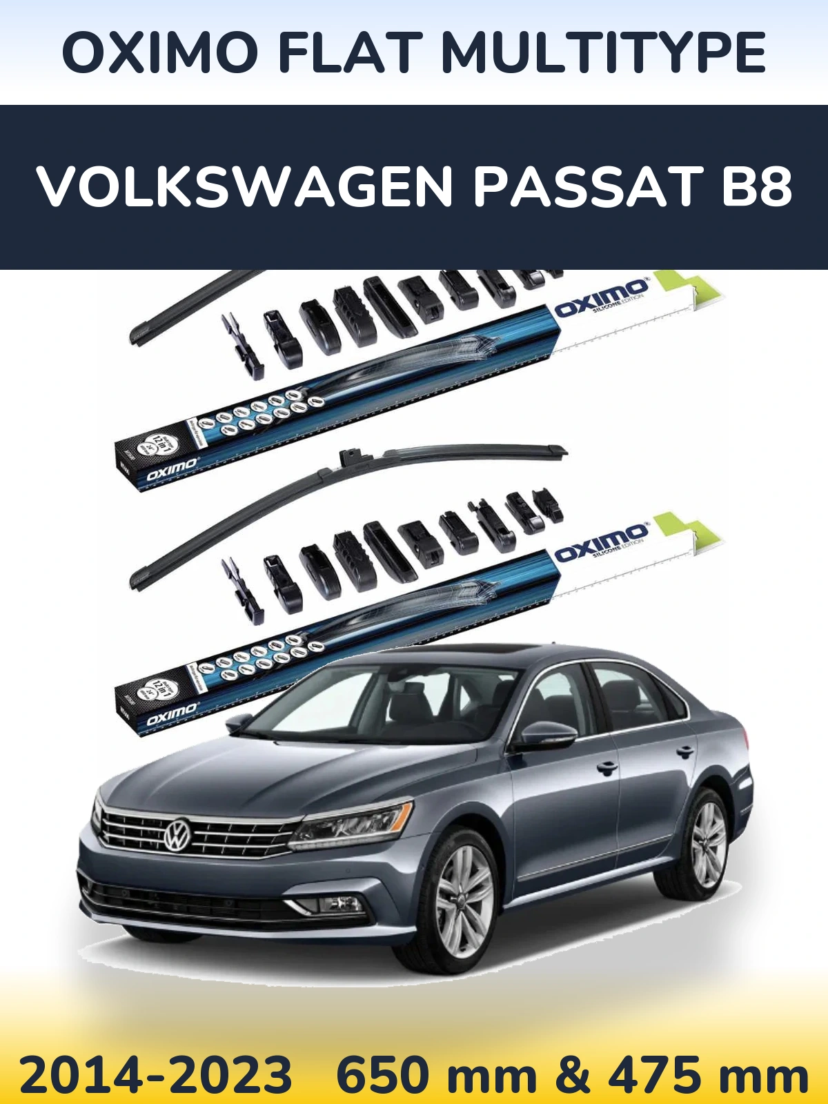 Sada předních stěračů Oximo Flat MultiType 650 a 475 mm pro Volkswagen Passat B8 2014-2023