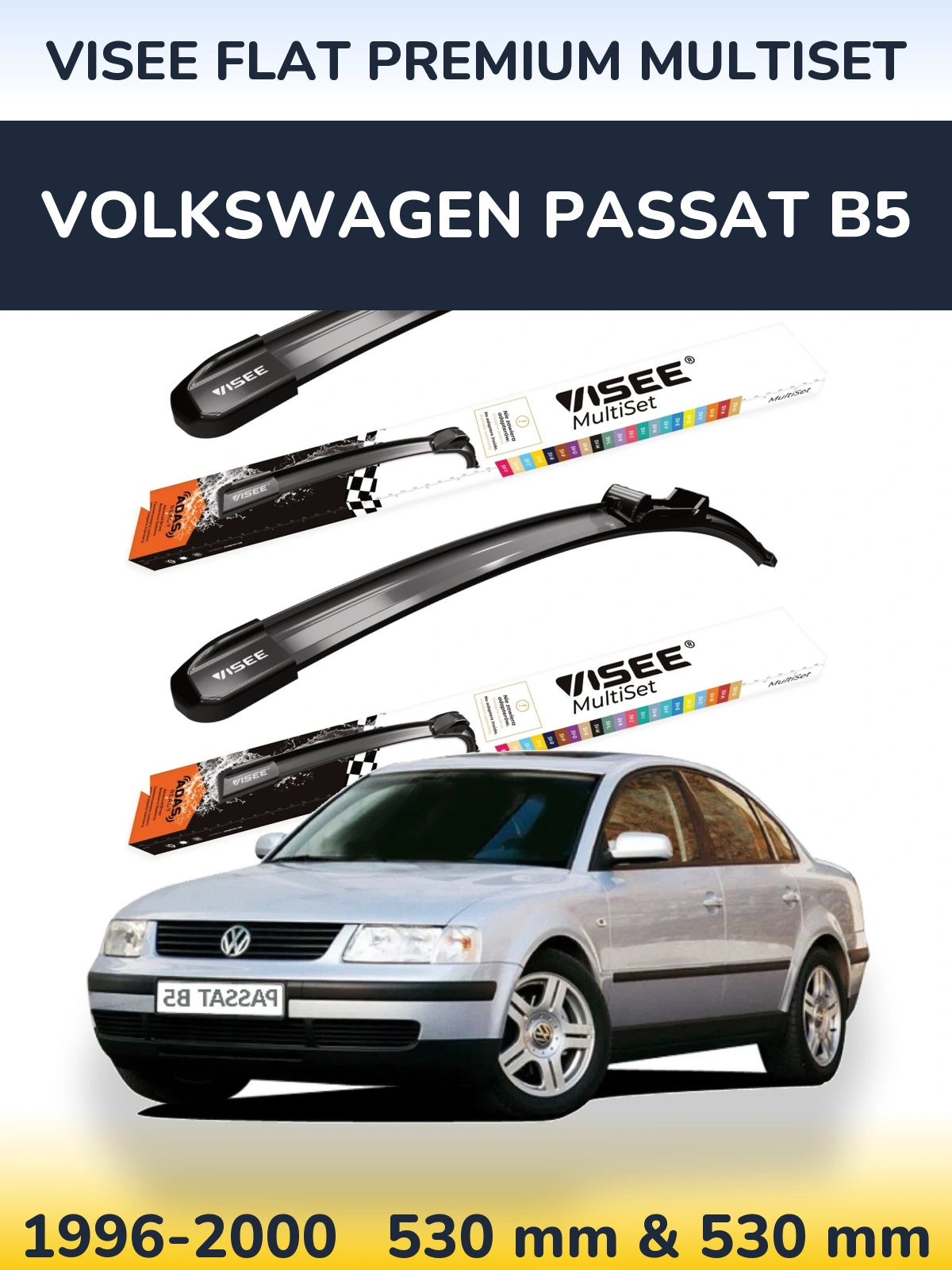 Sada předních stěračů VISEE FLAT PREMIUM MultiSet 530 a 530 mm pro Volkswagen Passat B5 1996-2000