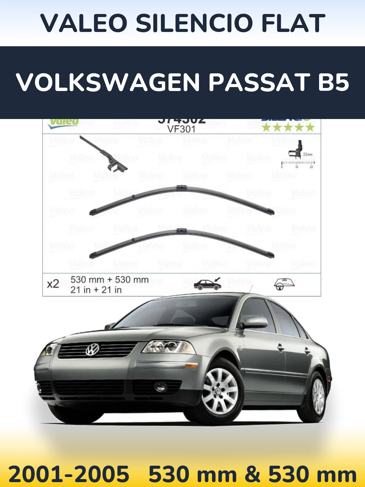 Sada předních stěračů Valeo Silencio Flat 530 a 530 mm pro Volkswagen Passat B5 2001-2005