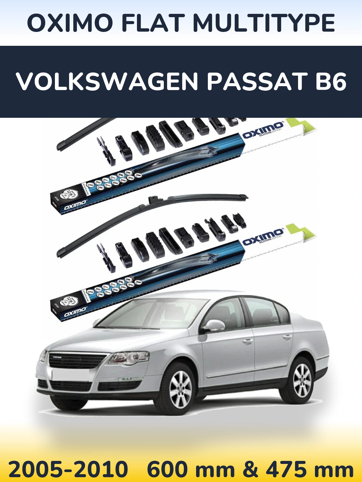 Sada předních stěračů Oximo Flat MultiType 600 a 475 mm pro Volkswagen Passat B6 2005-2010