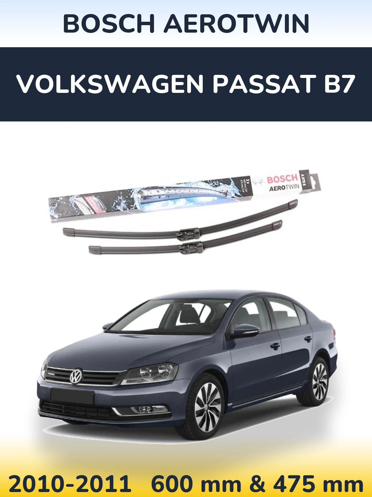 Sada předních stěračů BOSCH AeroTwin 600 a 475 mm pro Volkswagen Passat B7 2010-2011