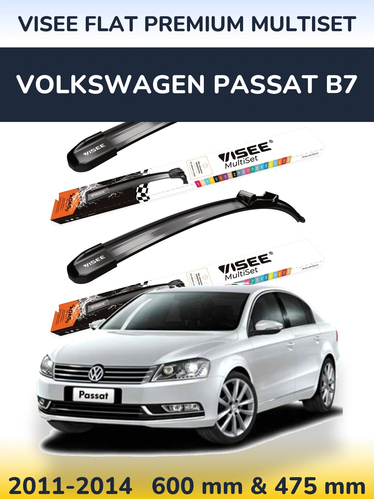 Sada předních stěračů VISEE FLAT PREMIUM MultiSet 600 a 475 mm pro Volkswagen Passat B7 2011-2014