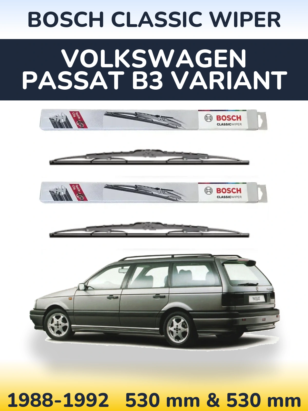 Sada předních stěračů BOSCH Classic Wiper 530 a 530 mm pro Volkswagen Passat B3 Variant 1988-1992