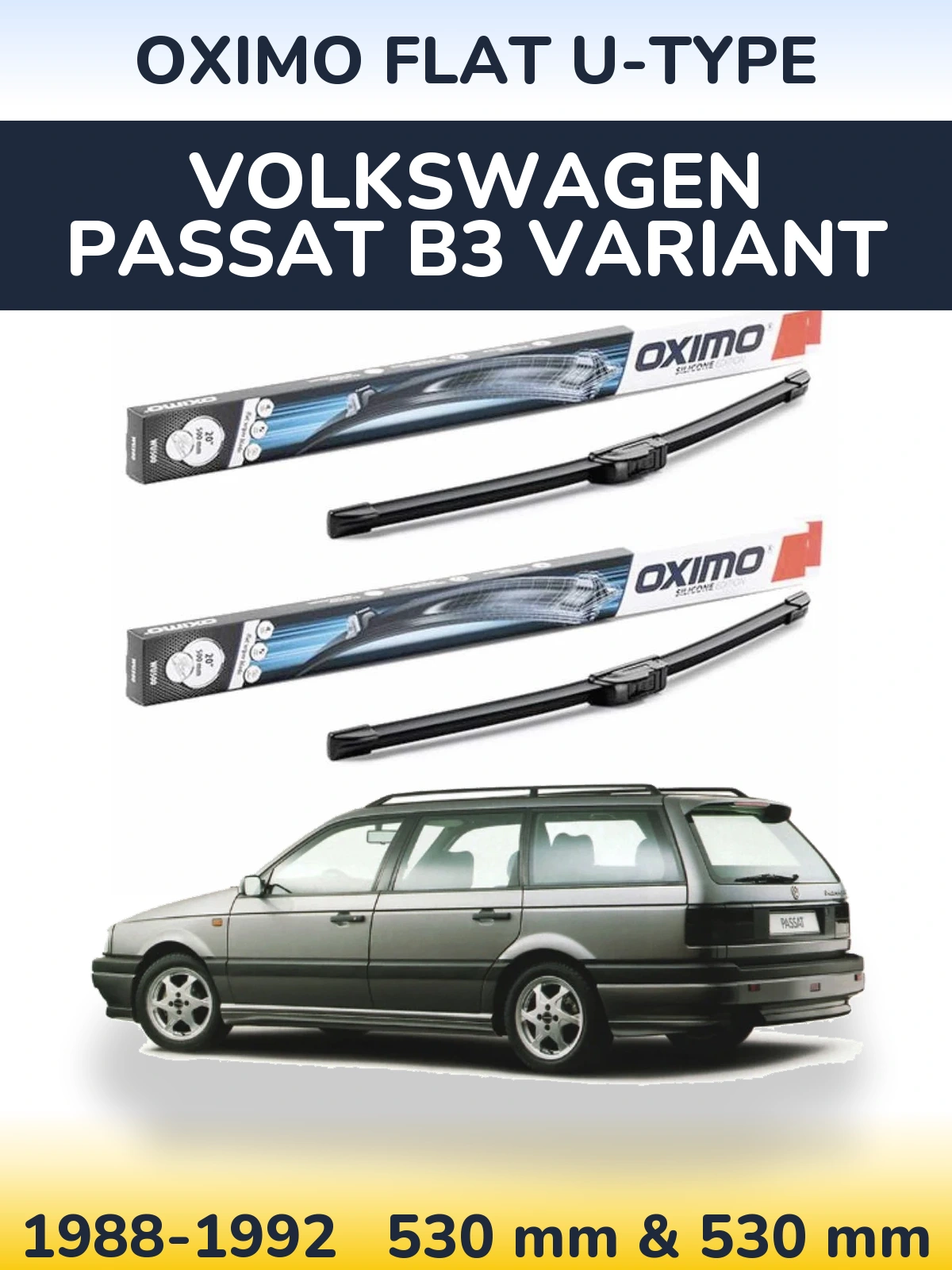 Sada předních stěračů Oximo Flat U-type 530 a 530 mm pro Volkswagen Passat B3 Variant 1988-1992