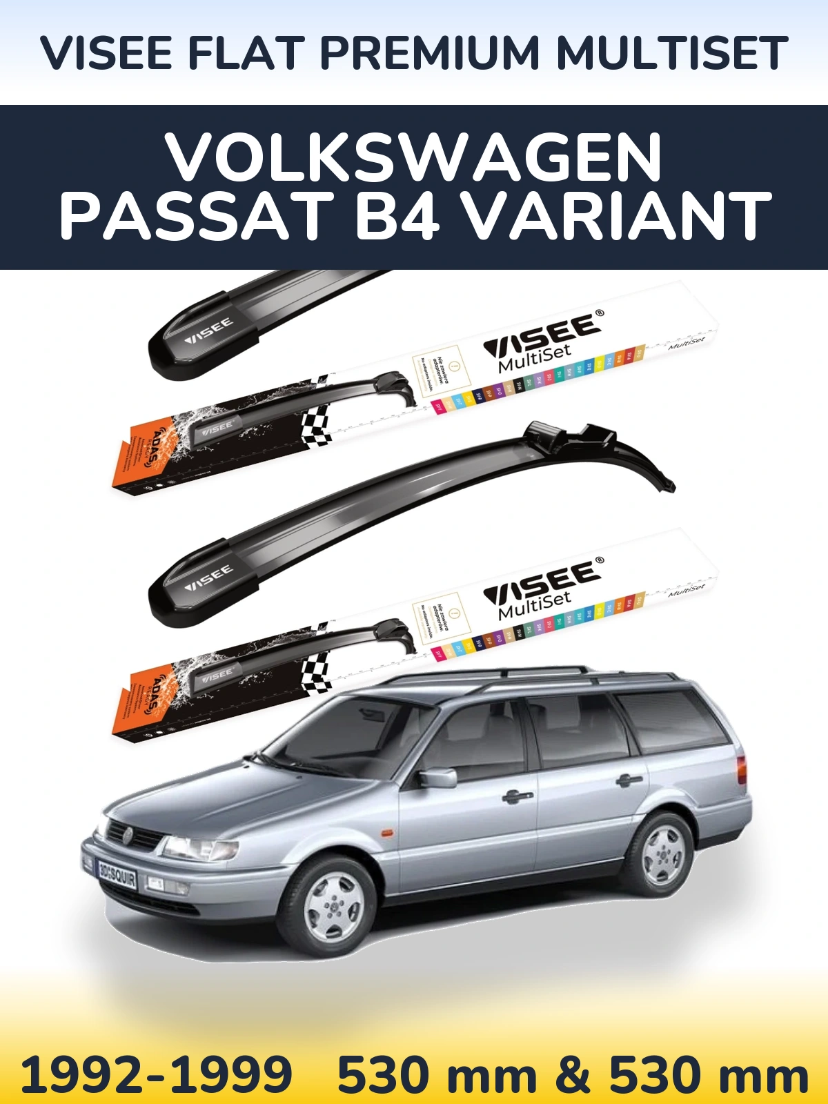 Sada předních stěračů VISEE FLAT PREMIUM MultiSet 530 a 530 mm pro Volkswagen Passat B4 Variant 1992-1999