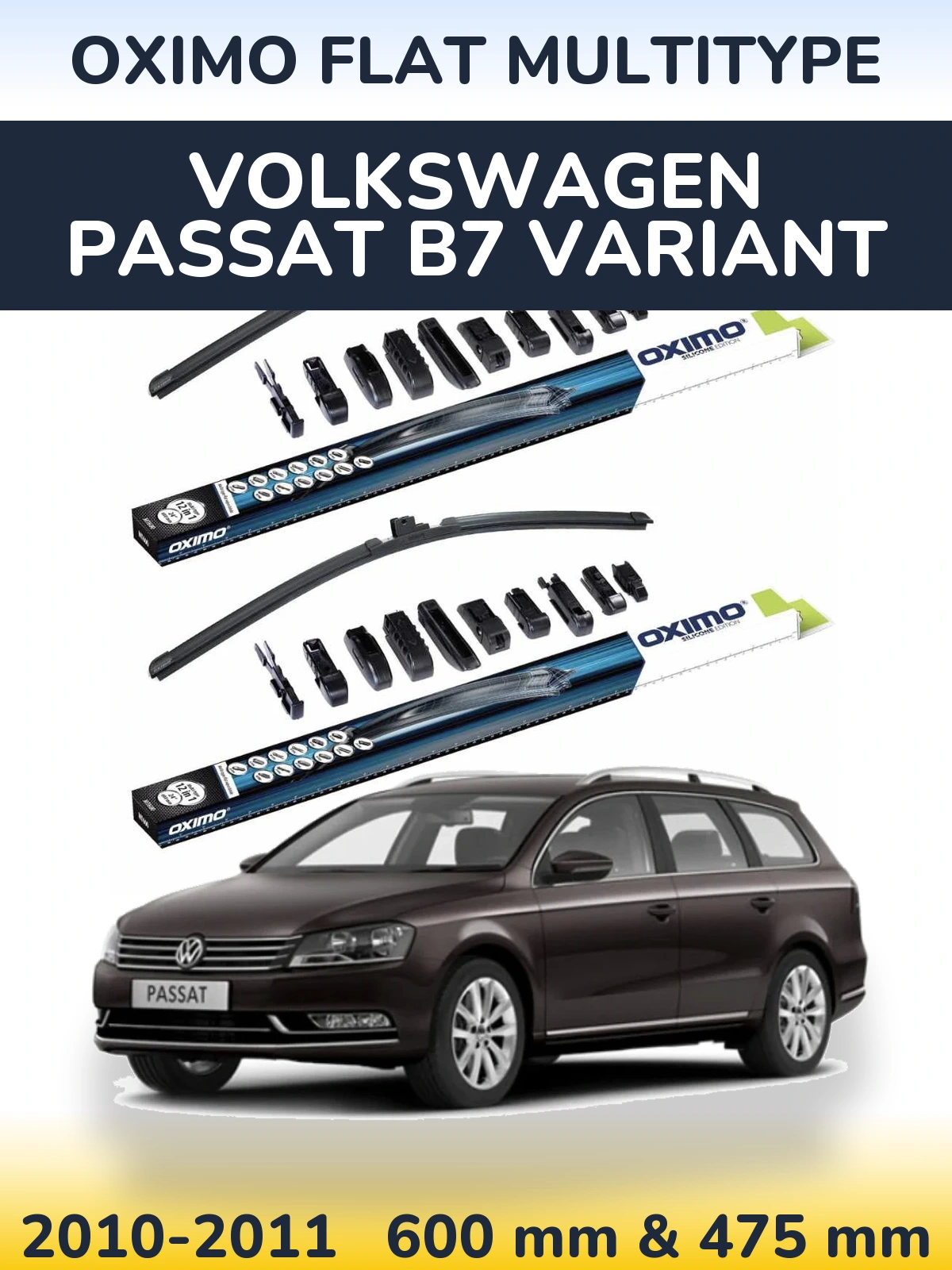 Sada předních stěračů Oximo Flat MultiType 600 a 475 mm pro Volkswagen Passat B7 Variant 2010-2011
