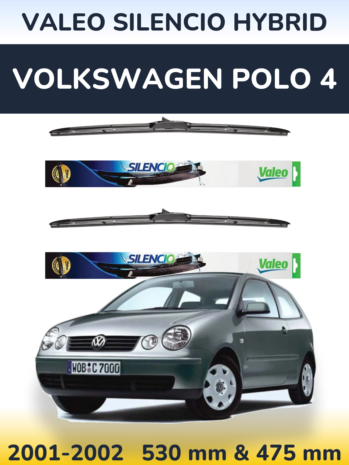 Sada předních stěračů Valeo Silencio Hybrid 530 a 475 mm pro Volkswagen Polo 4 2001-2002