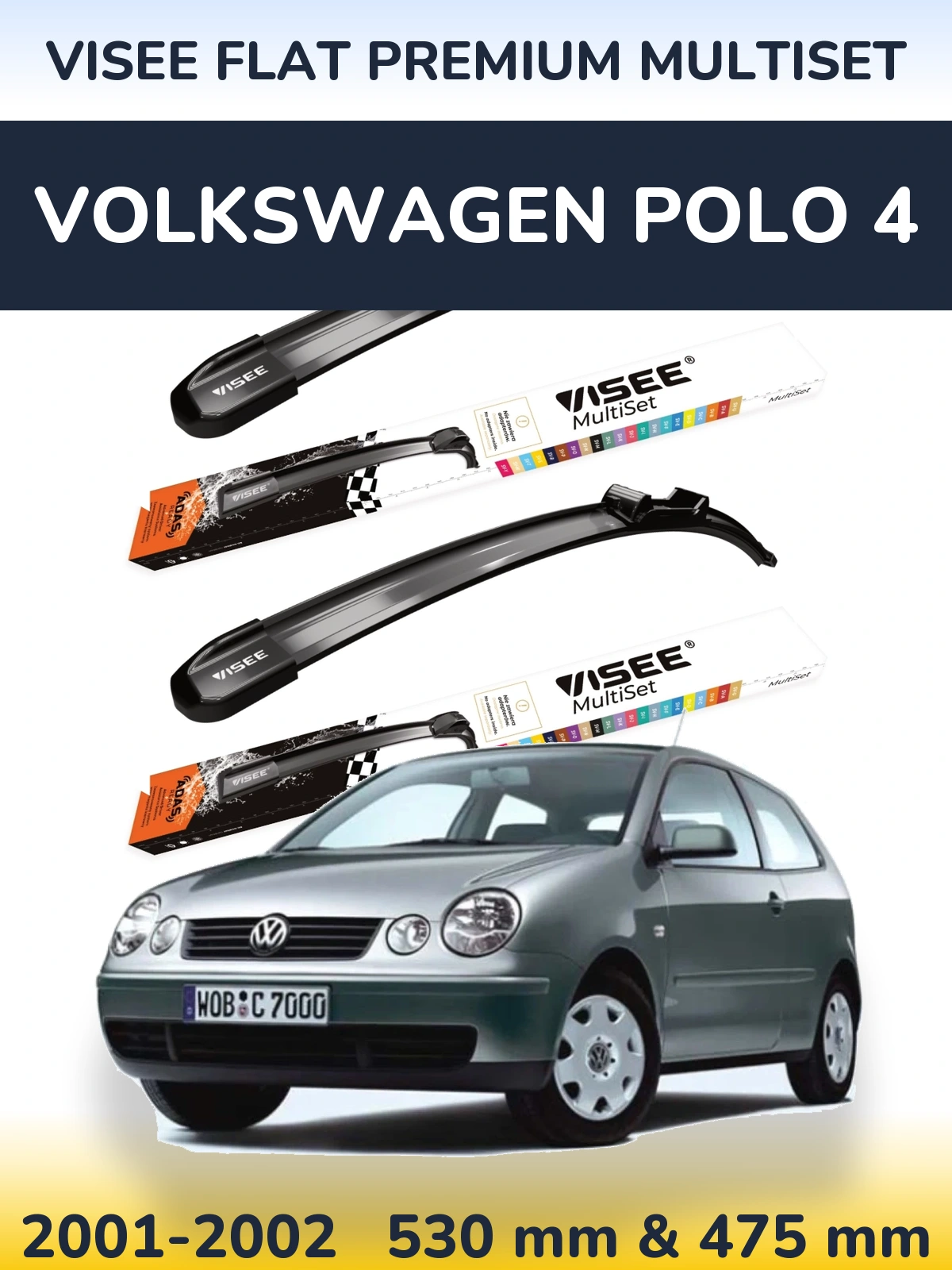 Sada předních stěračů VISEE FLAT PREMIUM MultiSet 530 a 475 mm pro Volkswagen Polo 4 2001-2002