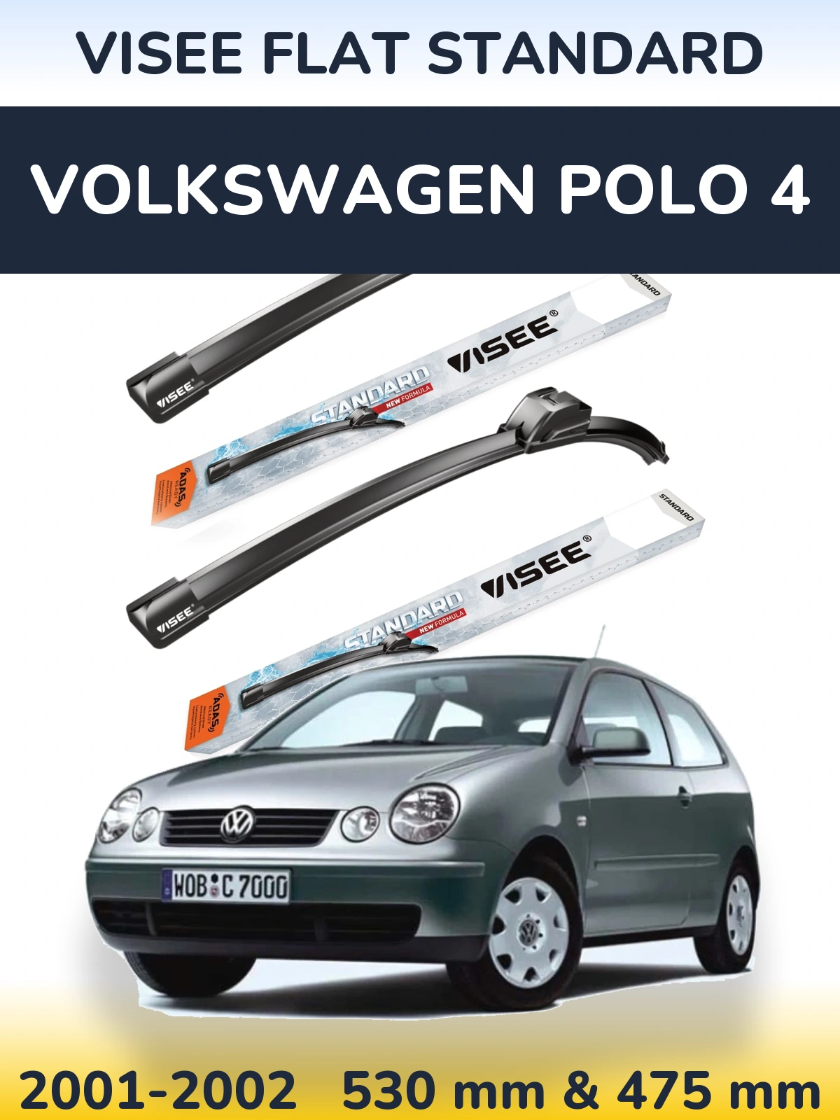 Sada předních stěračů VISEE FLAT STANDARD 530 a 475 mm pro Volkswagen Polo 4 2001-2002