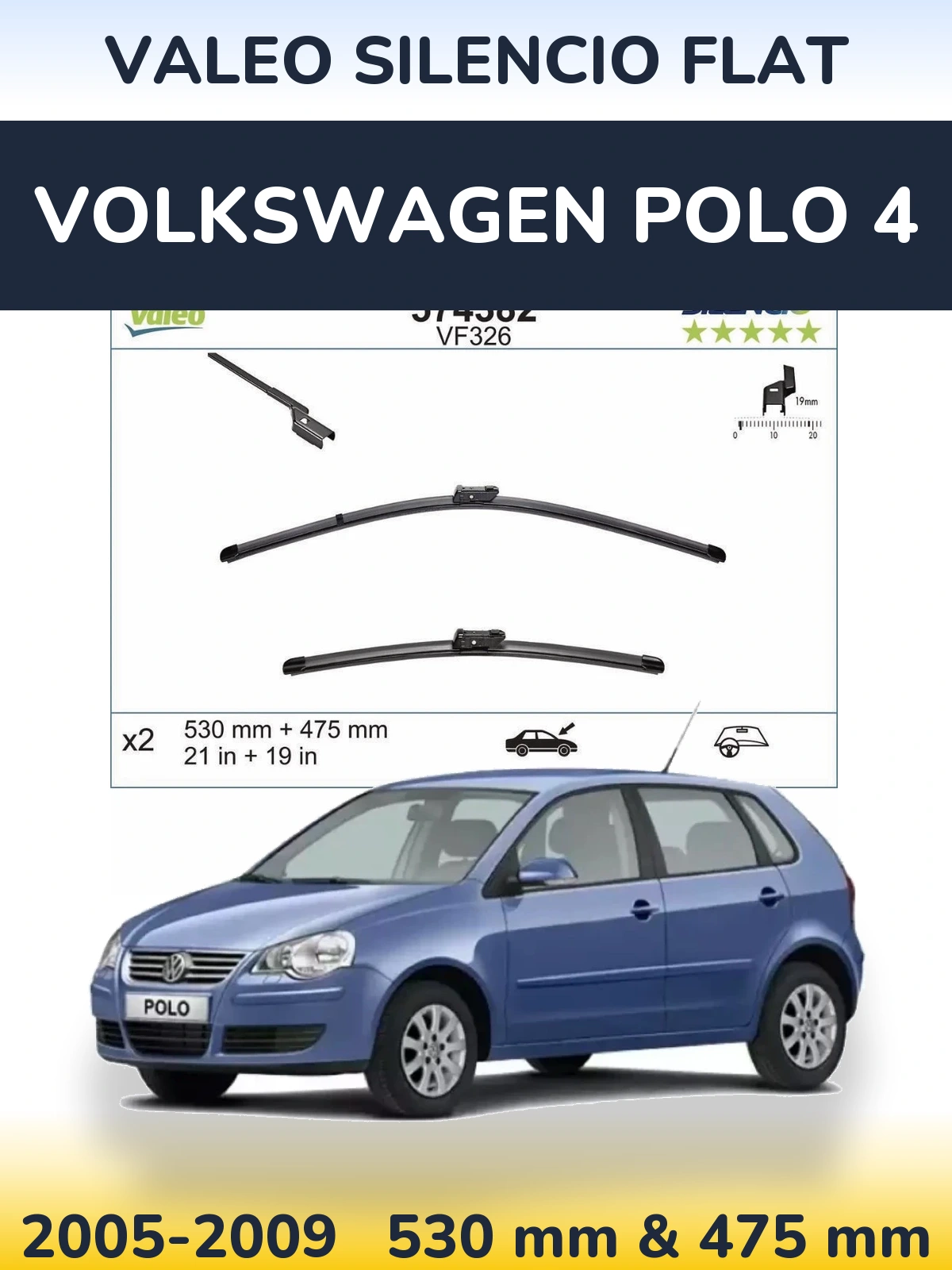Sada předních stěračů Valeo Silencio Flat 530 a 475 mm pro Volkswagen Polo 4 2005-2009