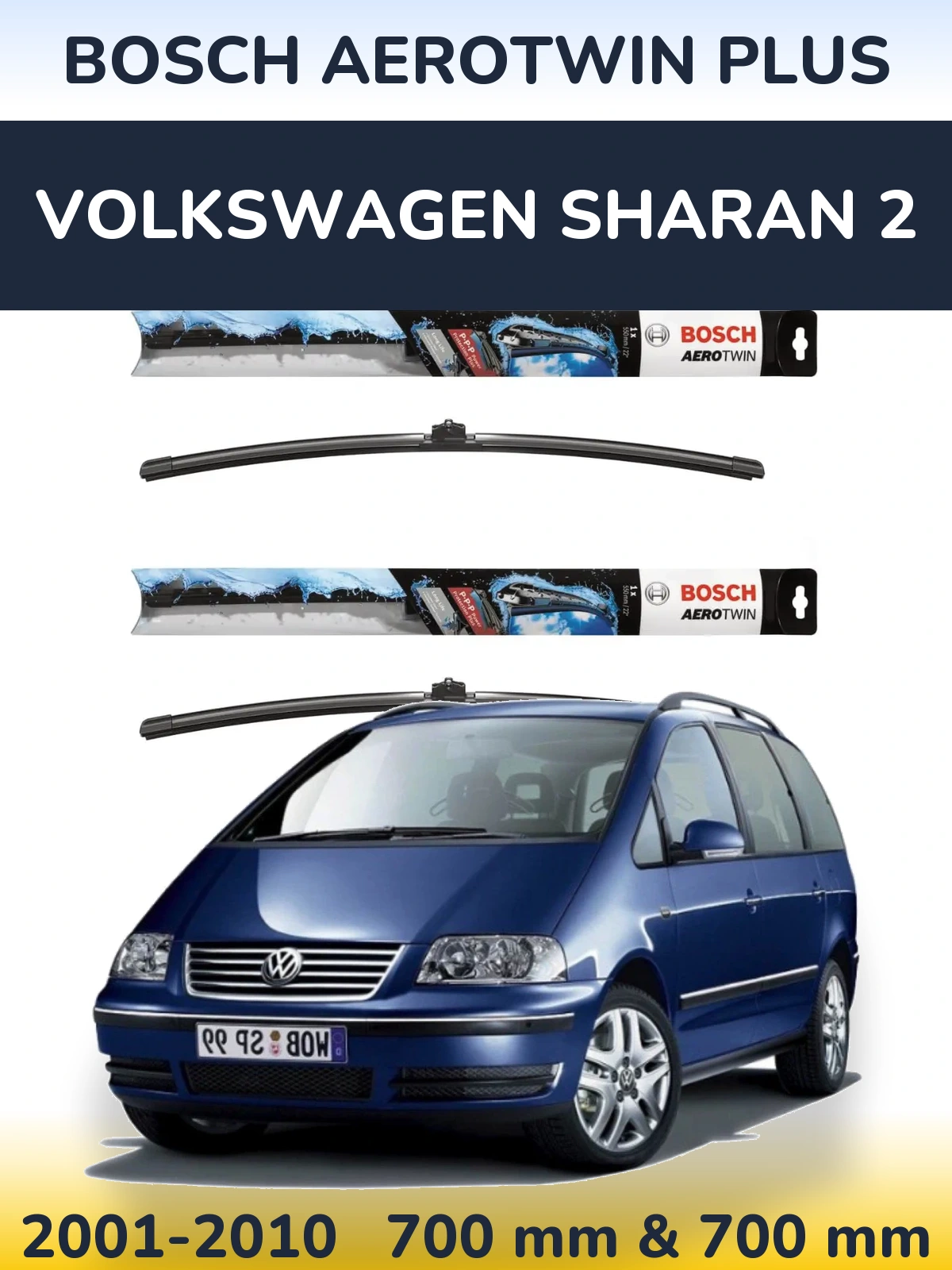 Sada předních stěračů BOSCH AeroTwin Plus 700 a 700 mm pro Volkswagen Sharan 2 2001-2010