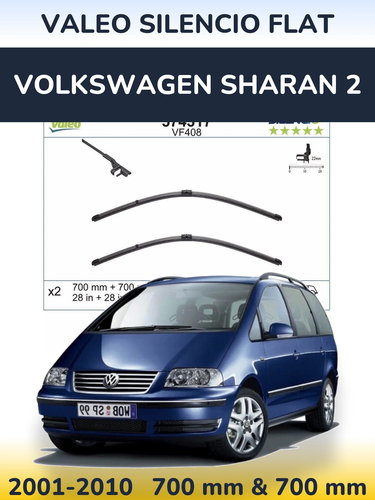 Sada předních stěračů Valeo Silencio Flat 700 a 700 mm pro Volkswagen Sharan 2 2001-2010
