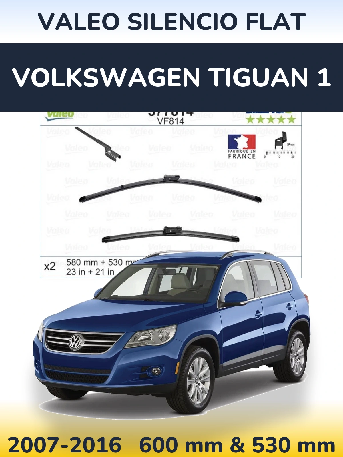 Комплект передніх щіток Valeo Silencio Flat 580 & 530 мм для Volkswagen Tiguan 1 2007-2016