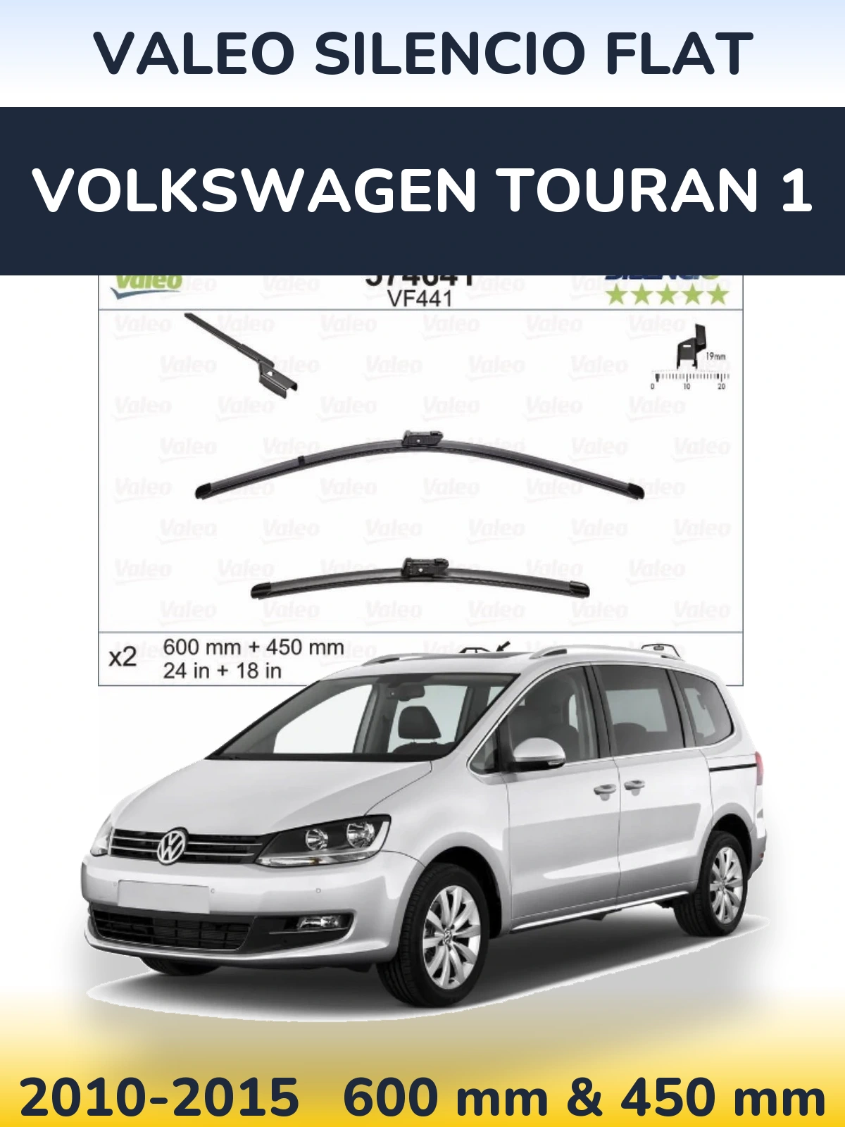 Sada předních stěračů Valeo Silencio Flat 600 a 450 mm pro Volkswagen Touran 1 2010-2015