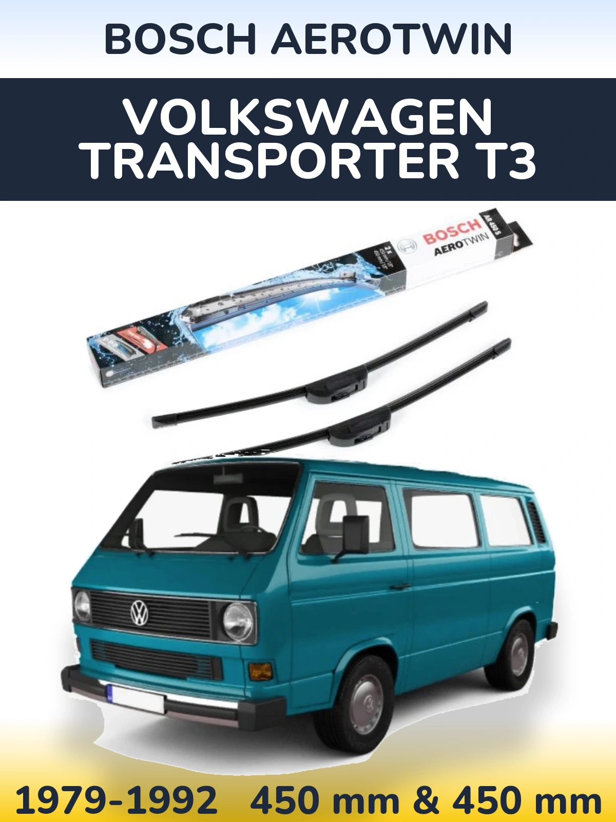 Sada předních stěračů BOSCH AeroTwin 450 a 450 mm pro Volkswagen Transporter T3 1979-1992